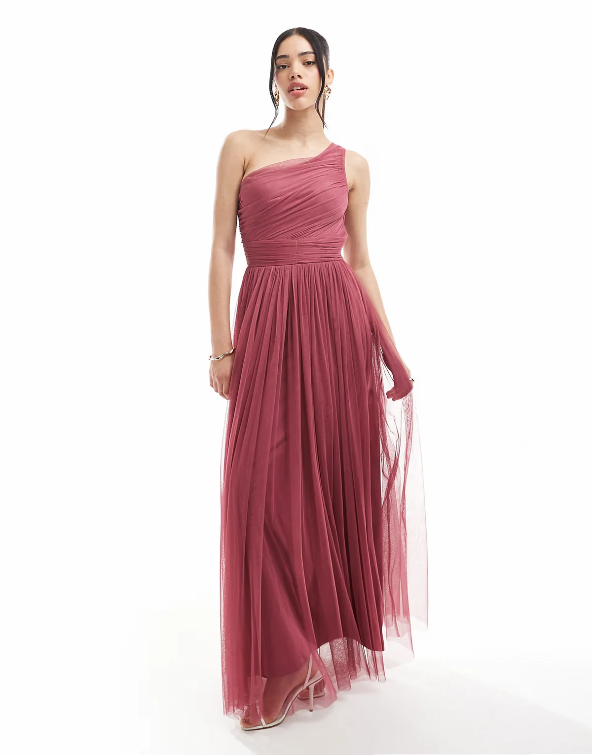 Bridesmaid one shoulder tulle maxi dress in orchid