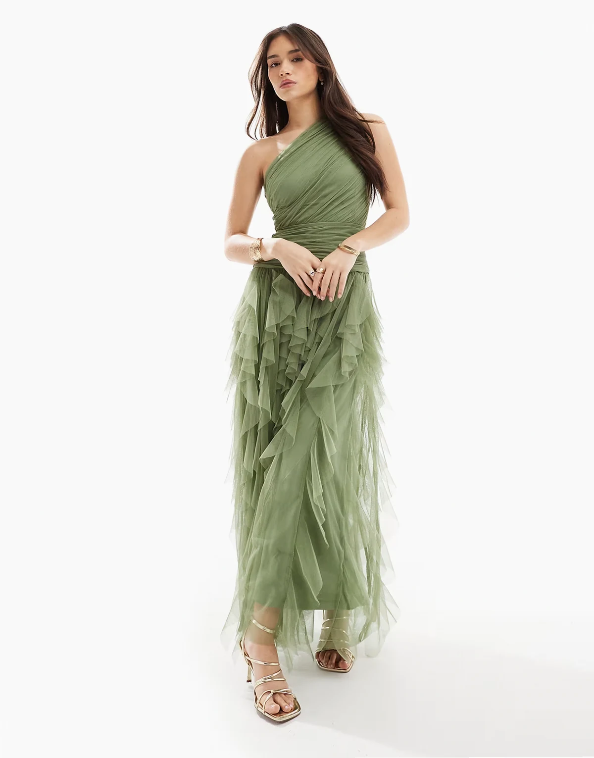 Bridesmaid one-shoulder waterfall ruffle maxi dress in soft olive