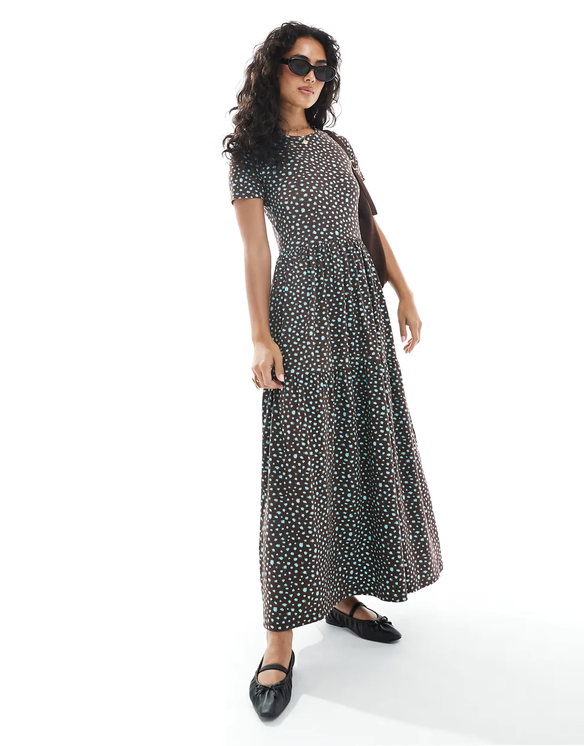 smudge polka dots tiered midaxi dress in brown and aqua