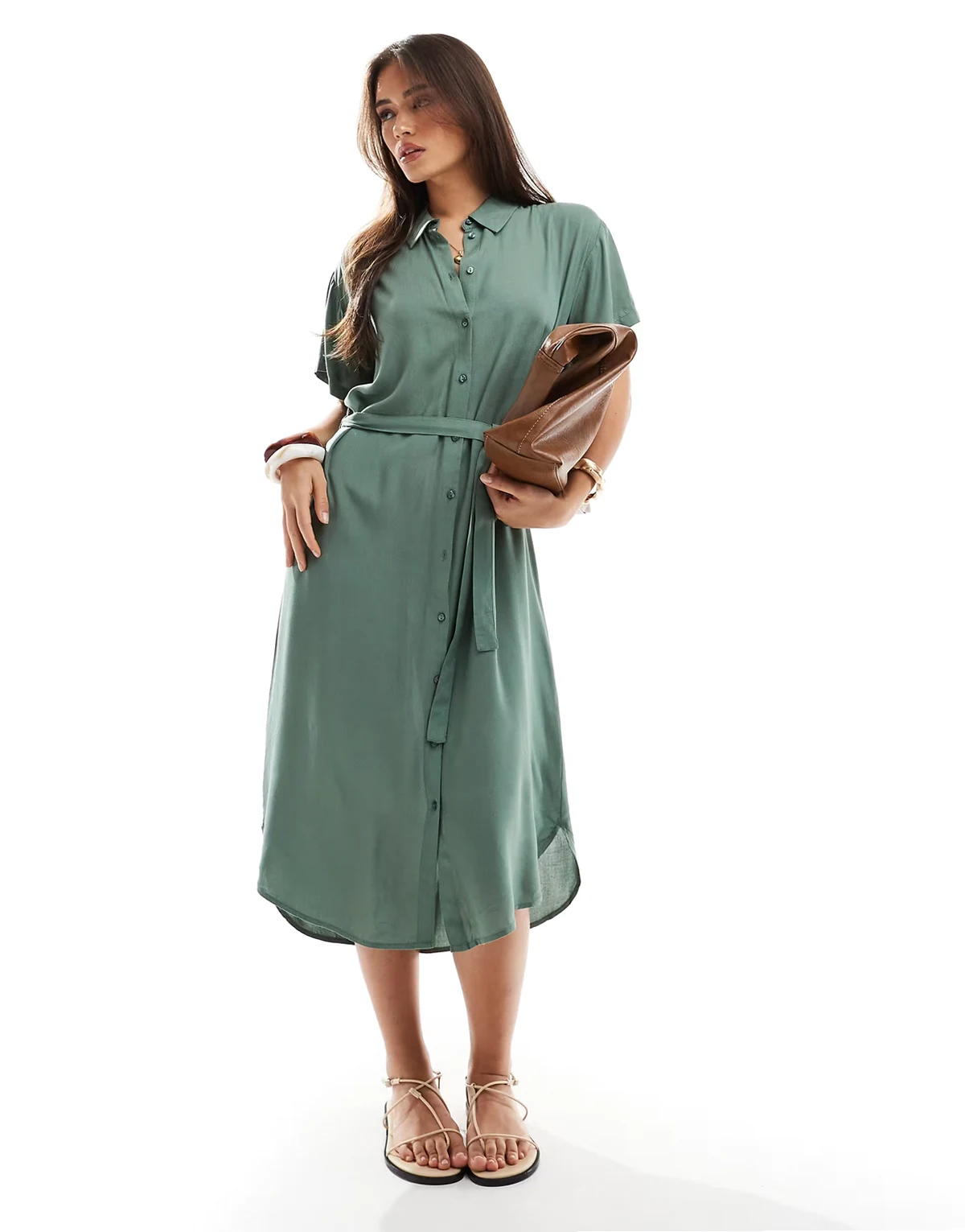 – Midi-Hemdblusenkleid in Grün mit Bindegürtel