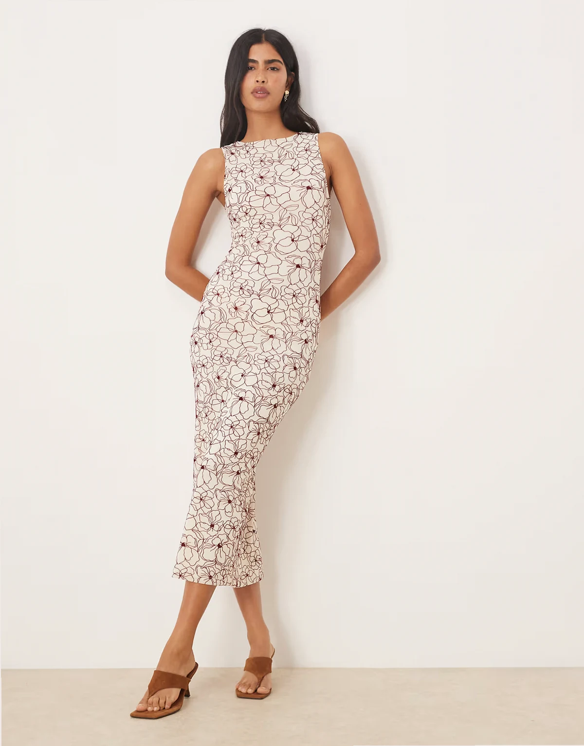 – Hoover – Kremowa sukienka maxi z flokowanym czerwonym wzorem