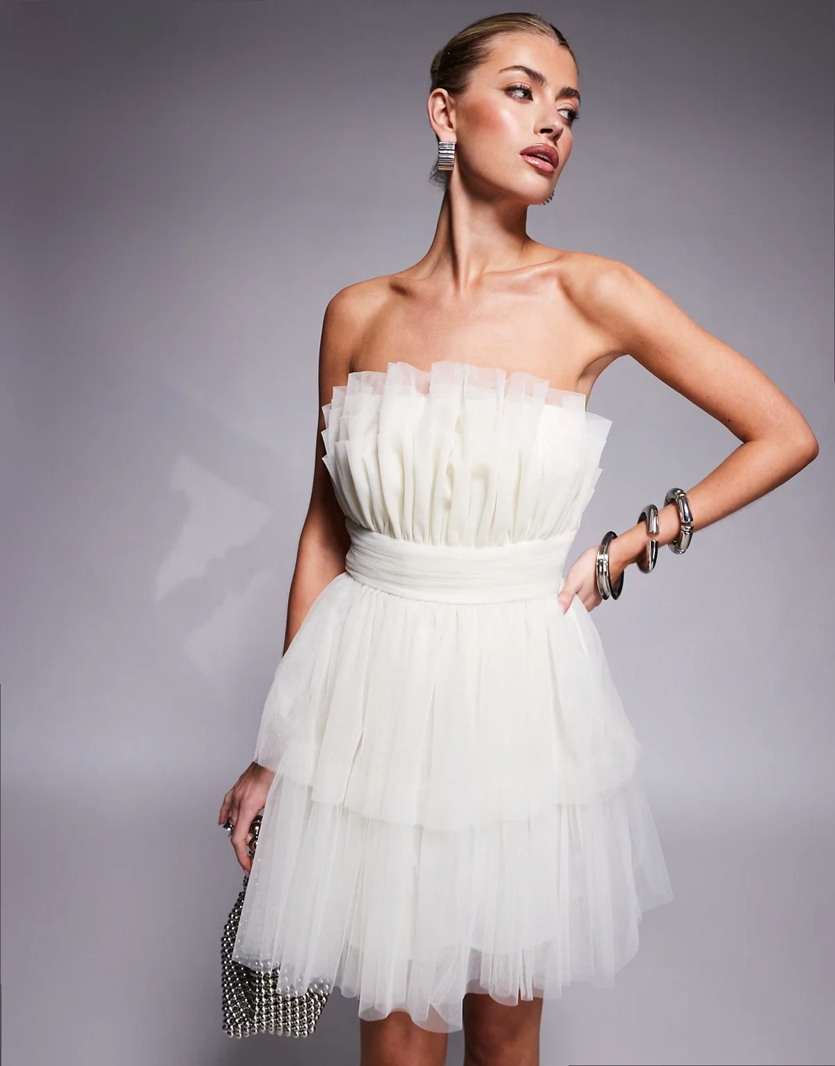 tiered structured mini dress in ivory