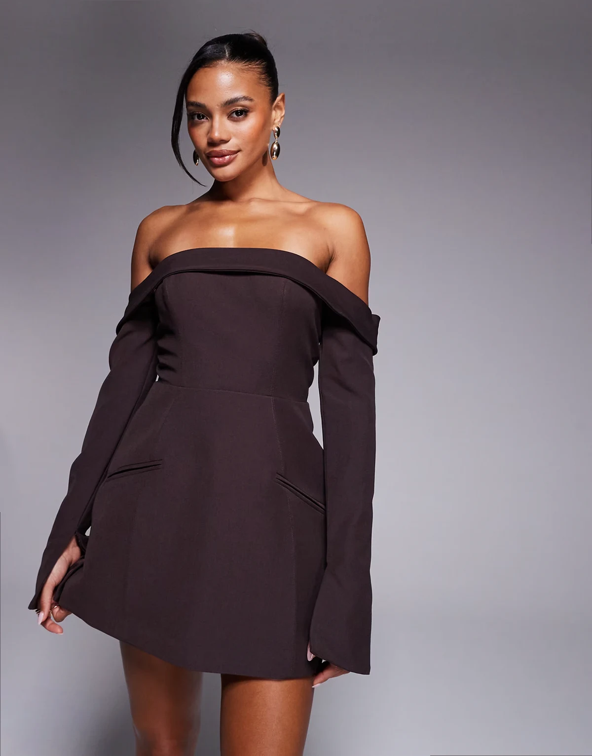 Seraphina bardot structured mini dress with pockets in chocolate brown