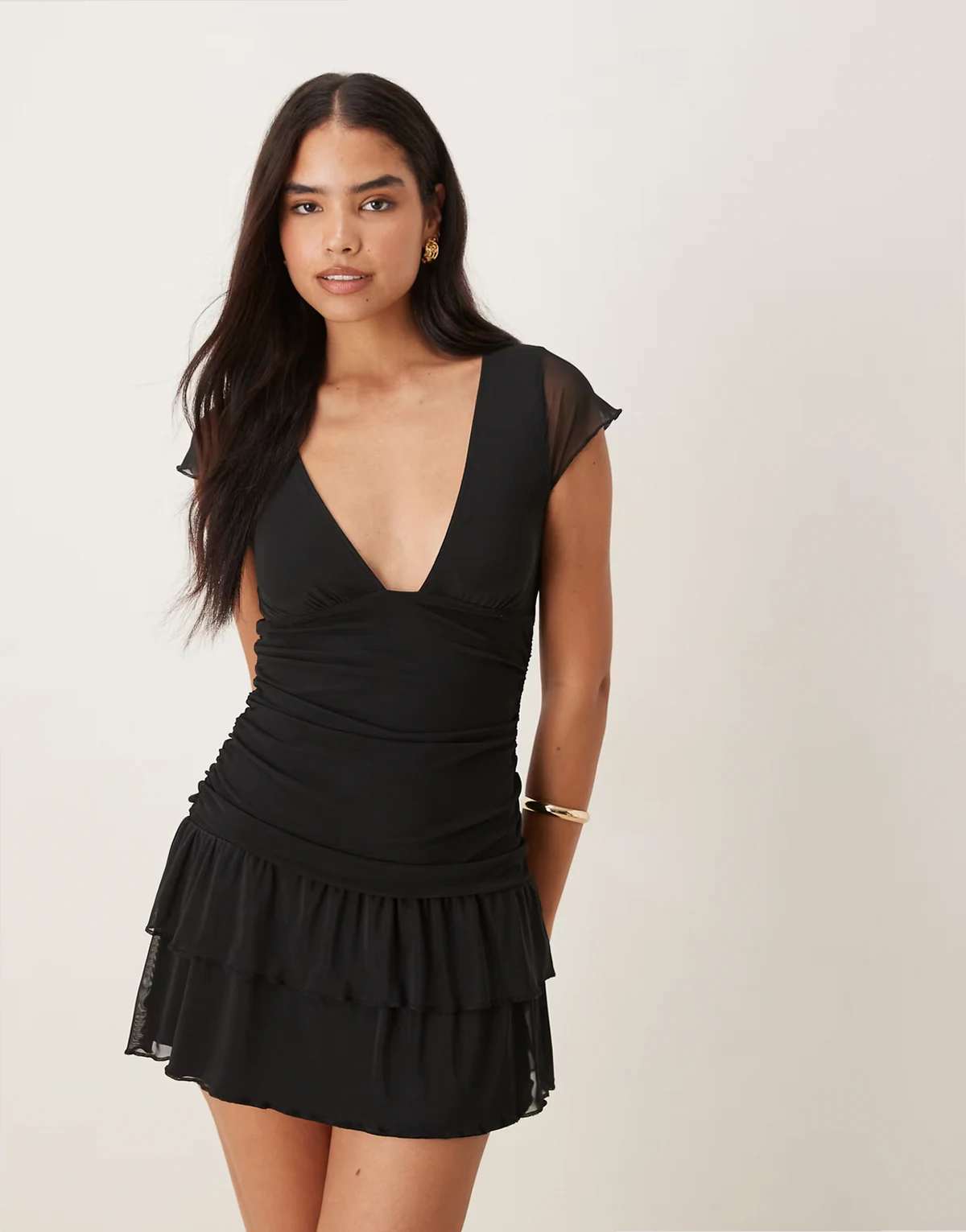 Mowgli flutter sleeve ruffle dress in black