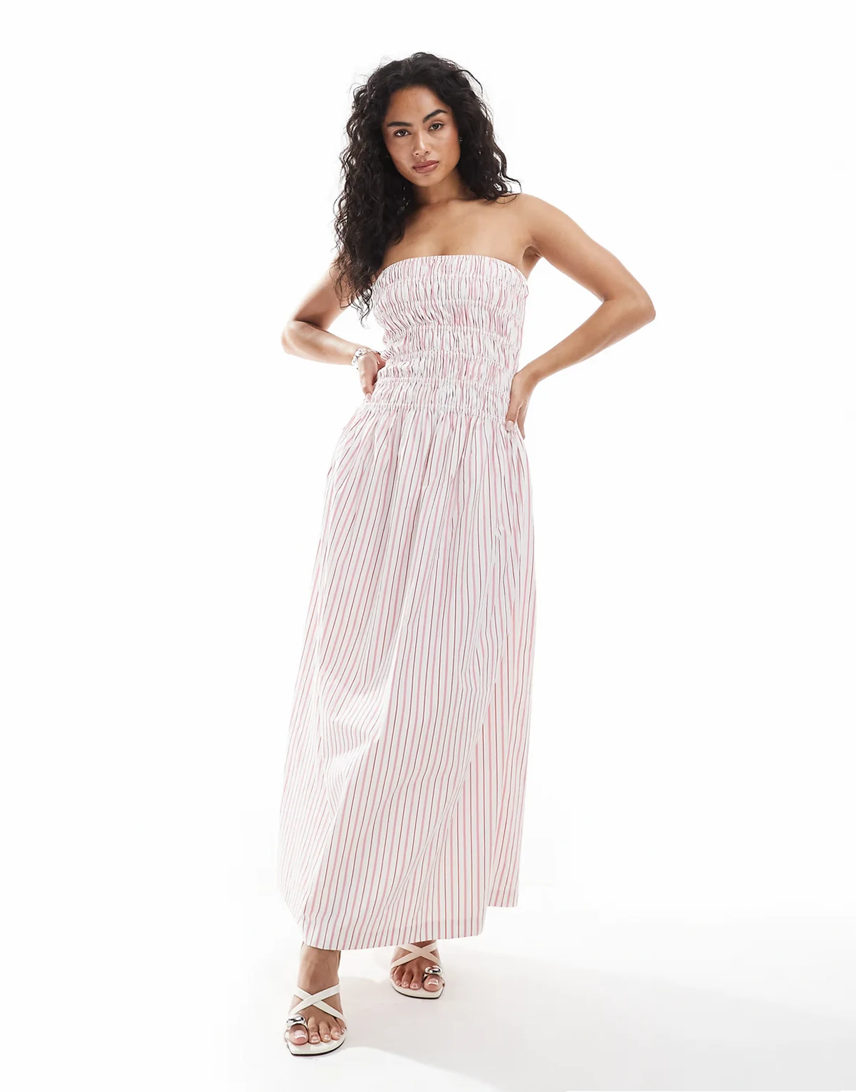 bandeau shirred dress in pink stripe