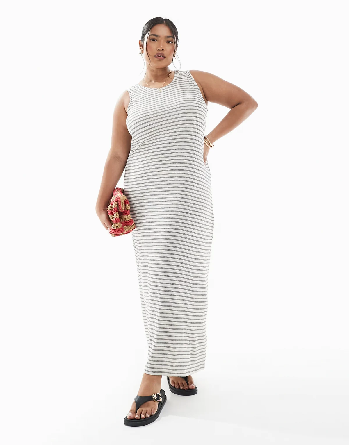 – Sukienka maxi bez rękawów w czarno-białe paski