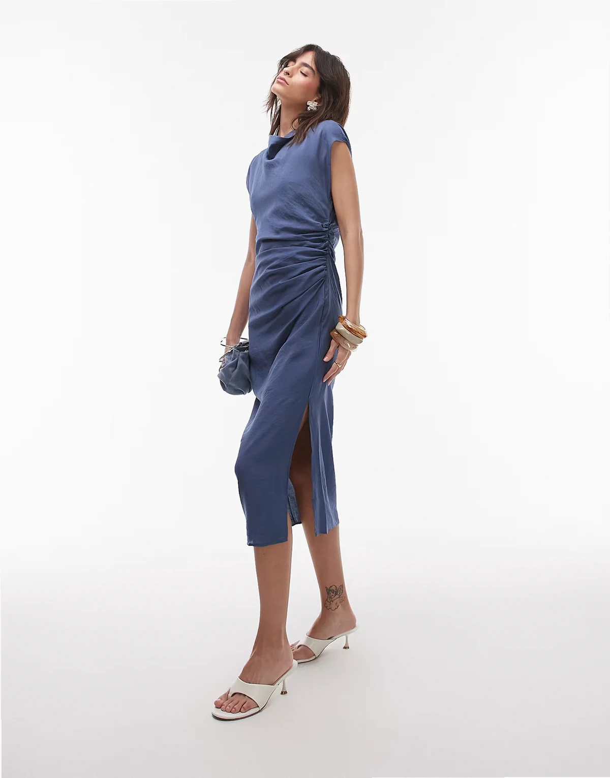 – Midikleid in Petrolblau mit Kappärmeln und geraffter Seite