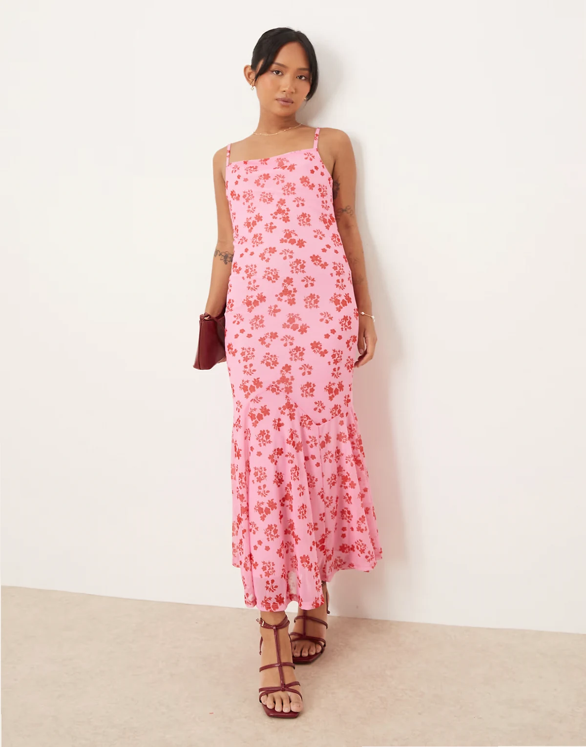 mesh square neck cami maxi dress in pink floral print