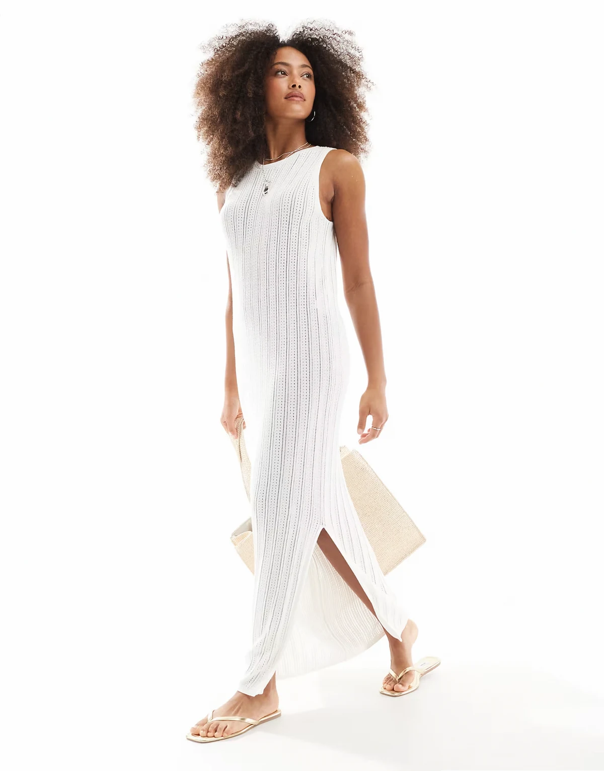 long crochet knit dress in off white
