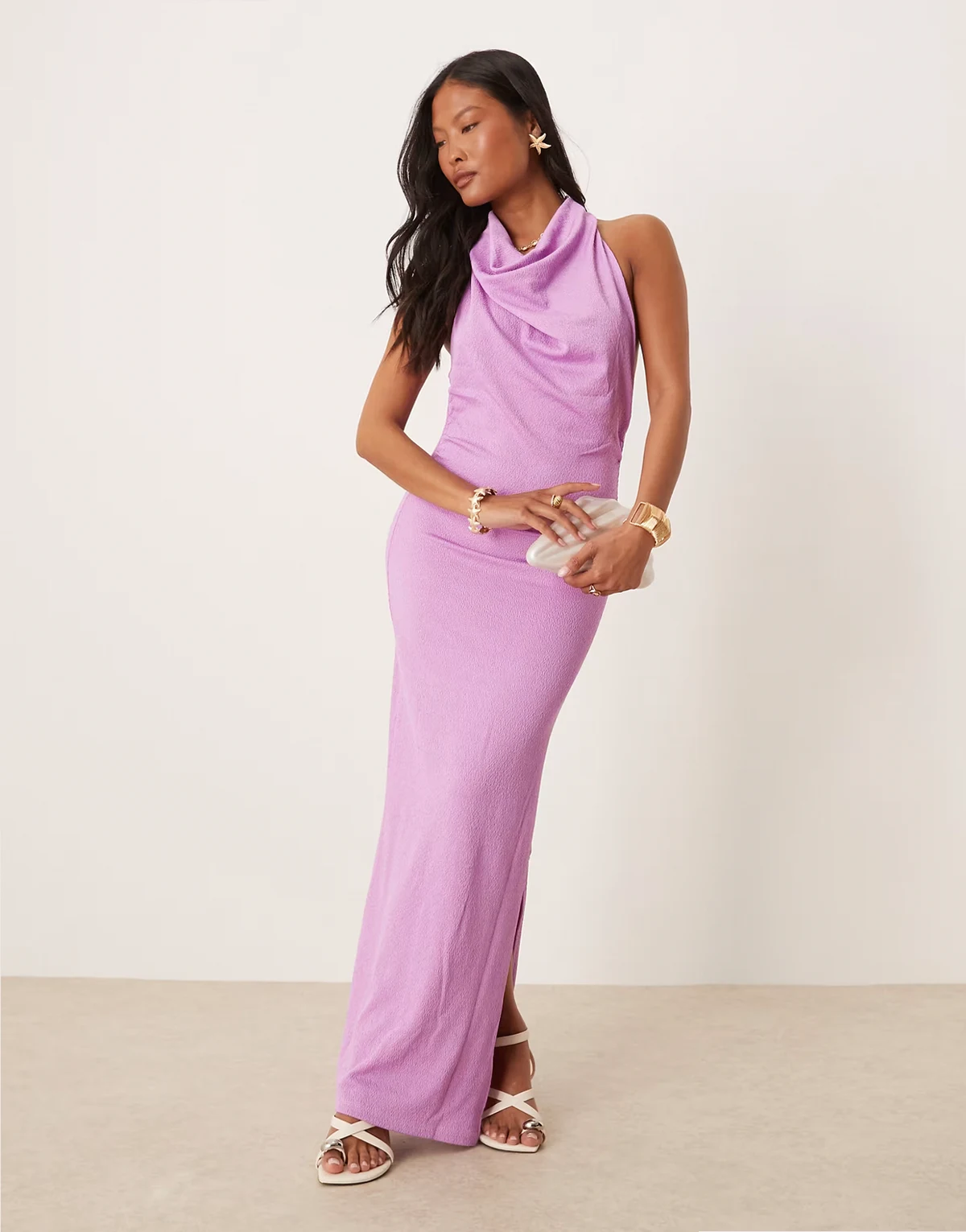 textured cowl neck low back maxi dress in violet