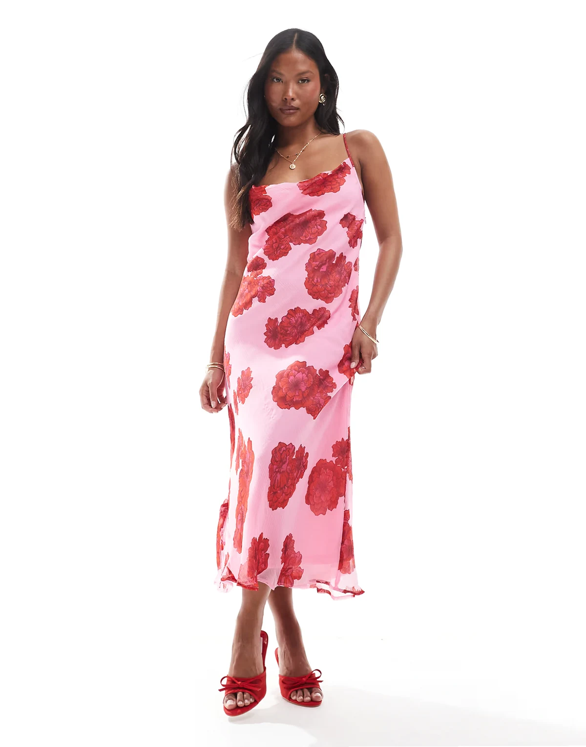 – Smilla – Midi-Trägerkleid in Rosa mit rotem Blumenmuster und Wasserfallausschnitt
