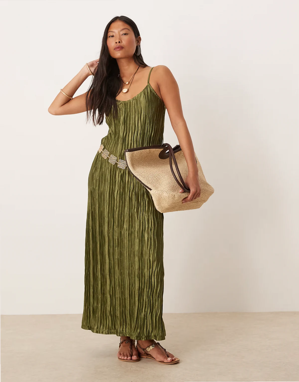 plisse cami maxi slip dress in olive green