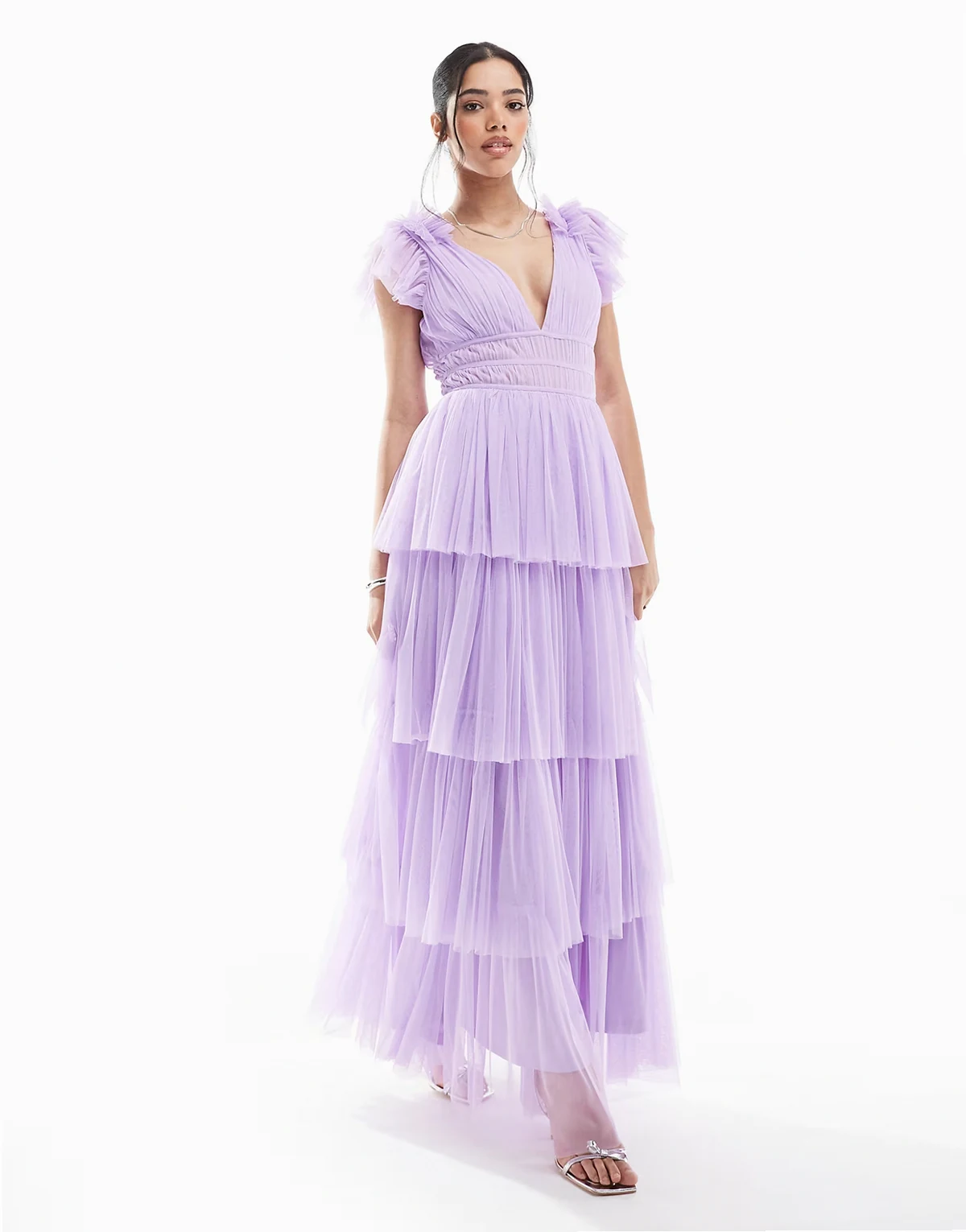 Bridesmaid ruffle shoulder tulle maxi dress in lilac