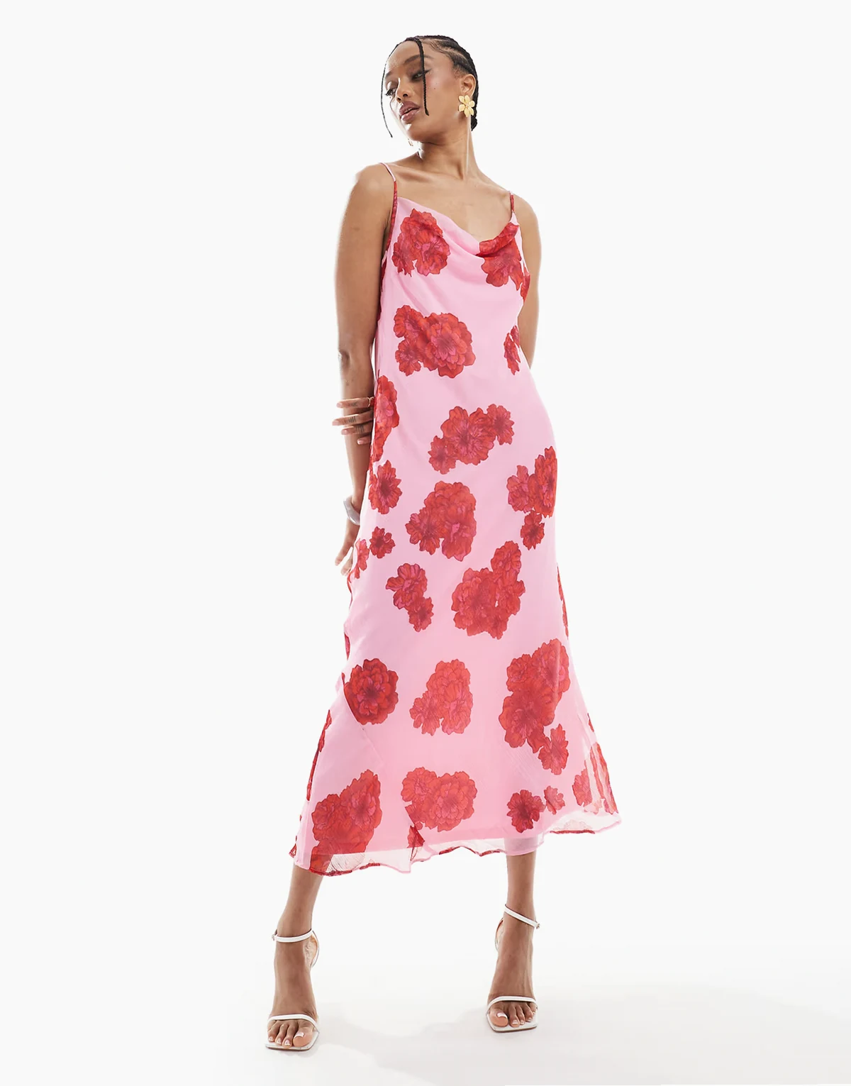 – Smilla – Camisole-Midikleid mit Blumenmuster in Rot und Rosa mit Wasserfallausschnitt