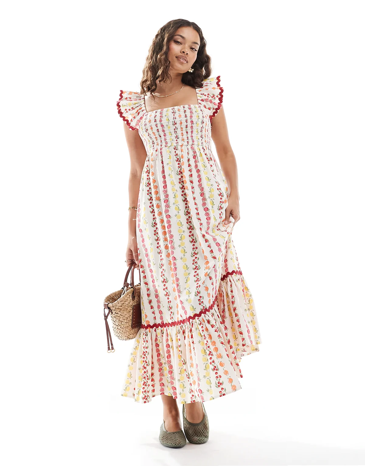 poplin maxi dress in fruit print