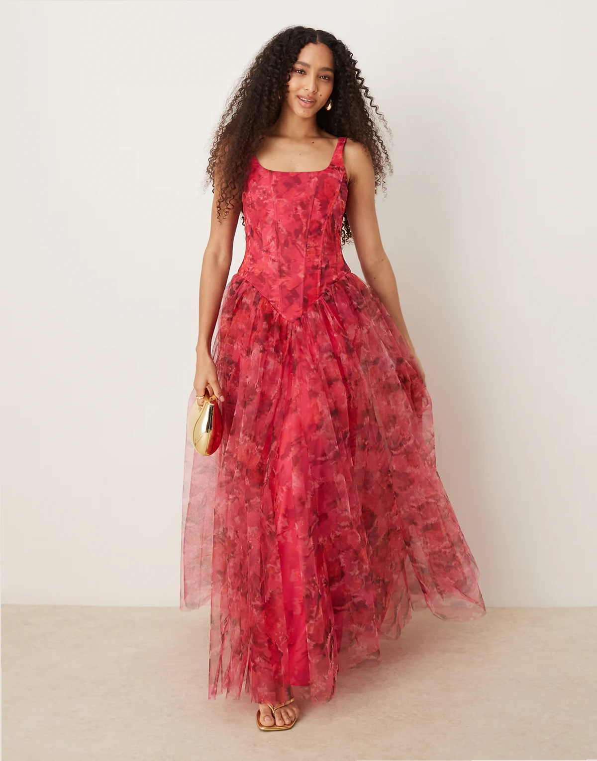 corset dropped hem maxi dress in pink and red rose