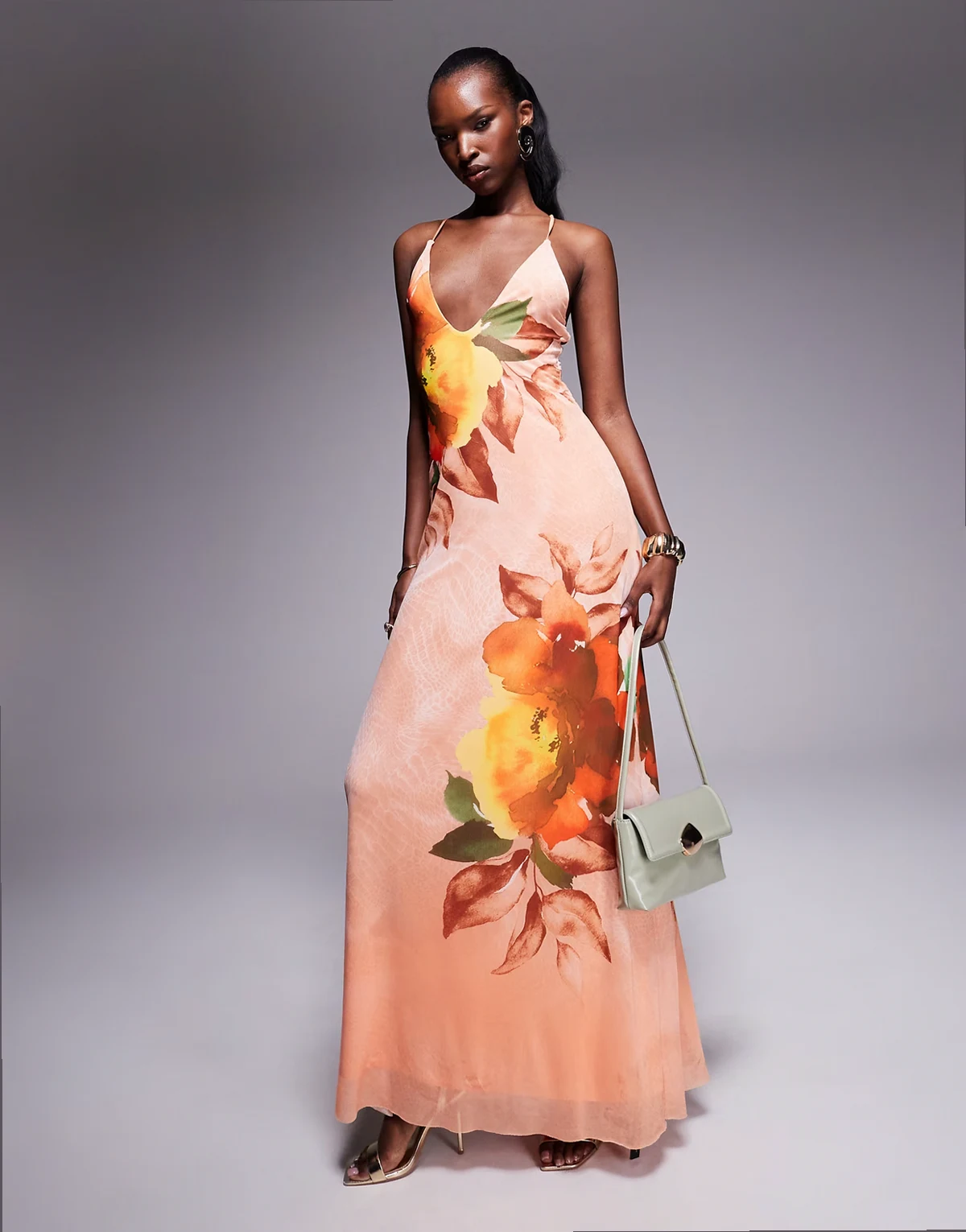 cowl neck power mesh midaxi in apricot bloom