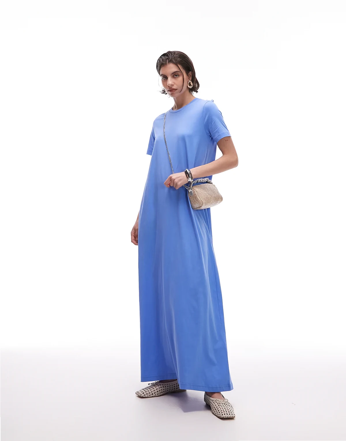 – Kurzärmliges Jersey-Maxikleid aus reiner Baumwolle in Blau