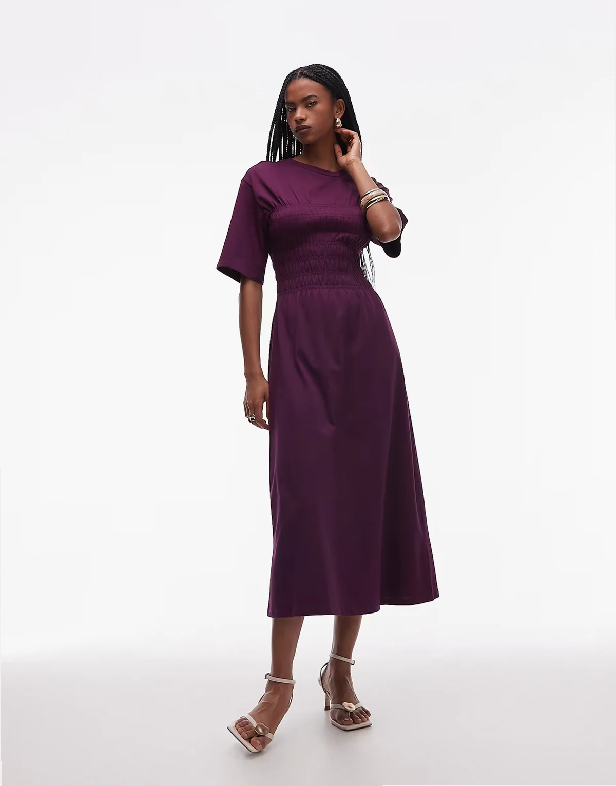 – Midaxi-Kleid aus Jersey in Burgunderrot mit gerafftem Korsettdetail