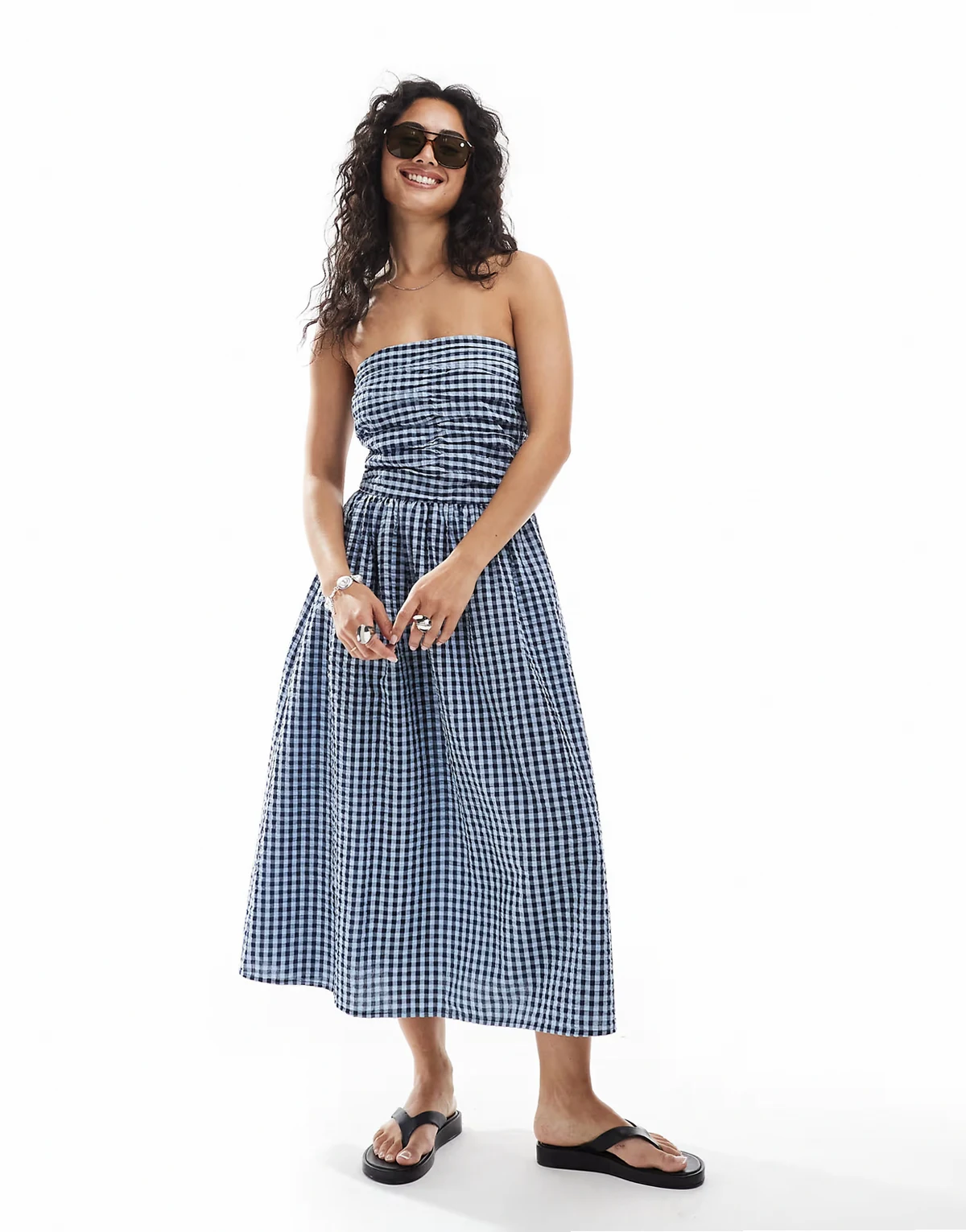 bandeau dress in navy gingham