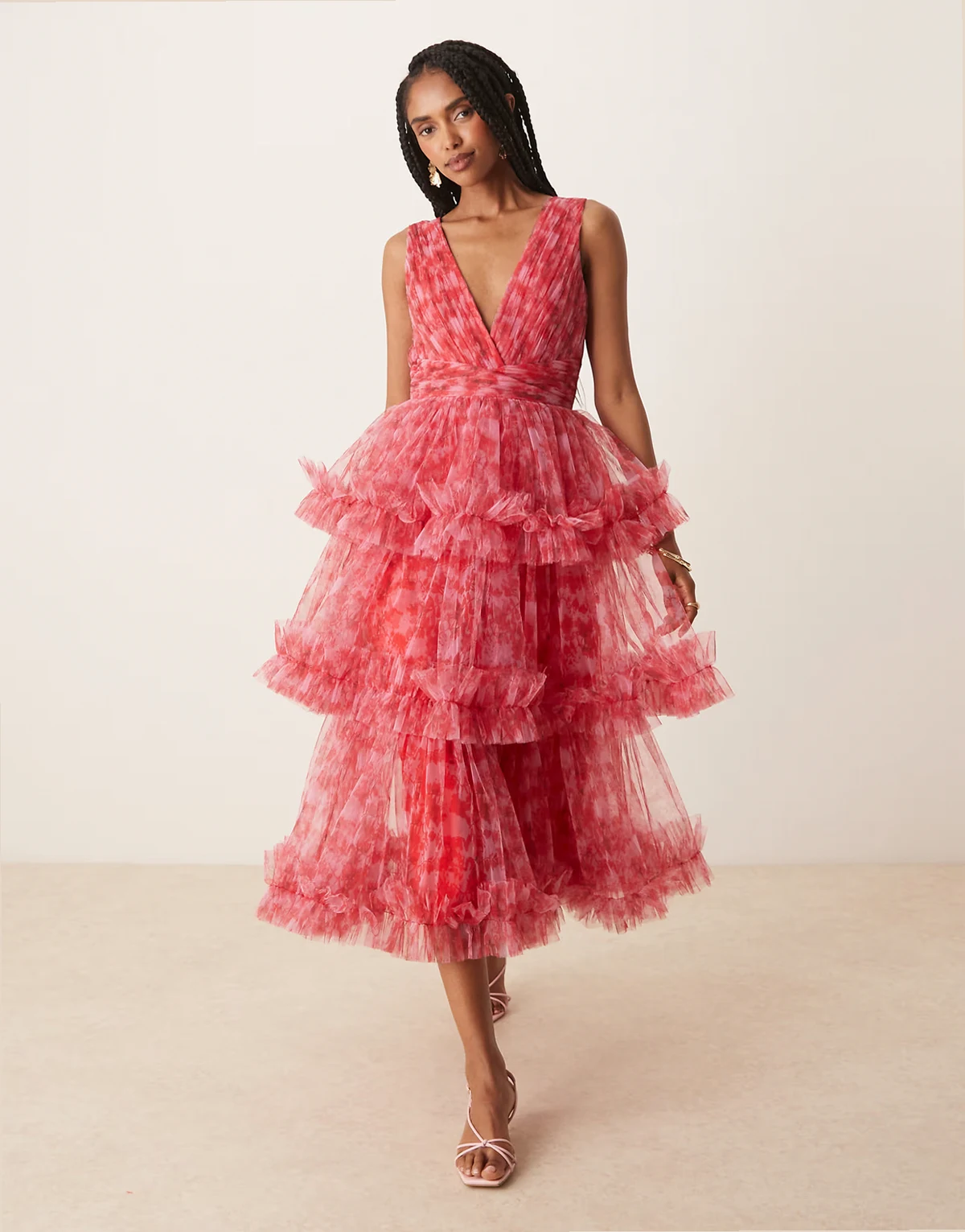 ruffle tiered midaxi dress in red and pink floral