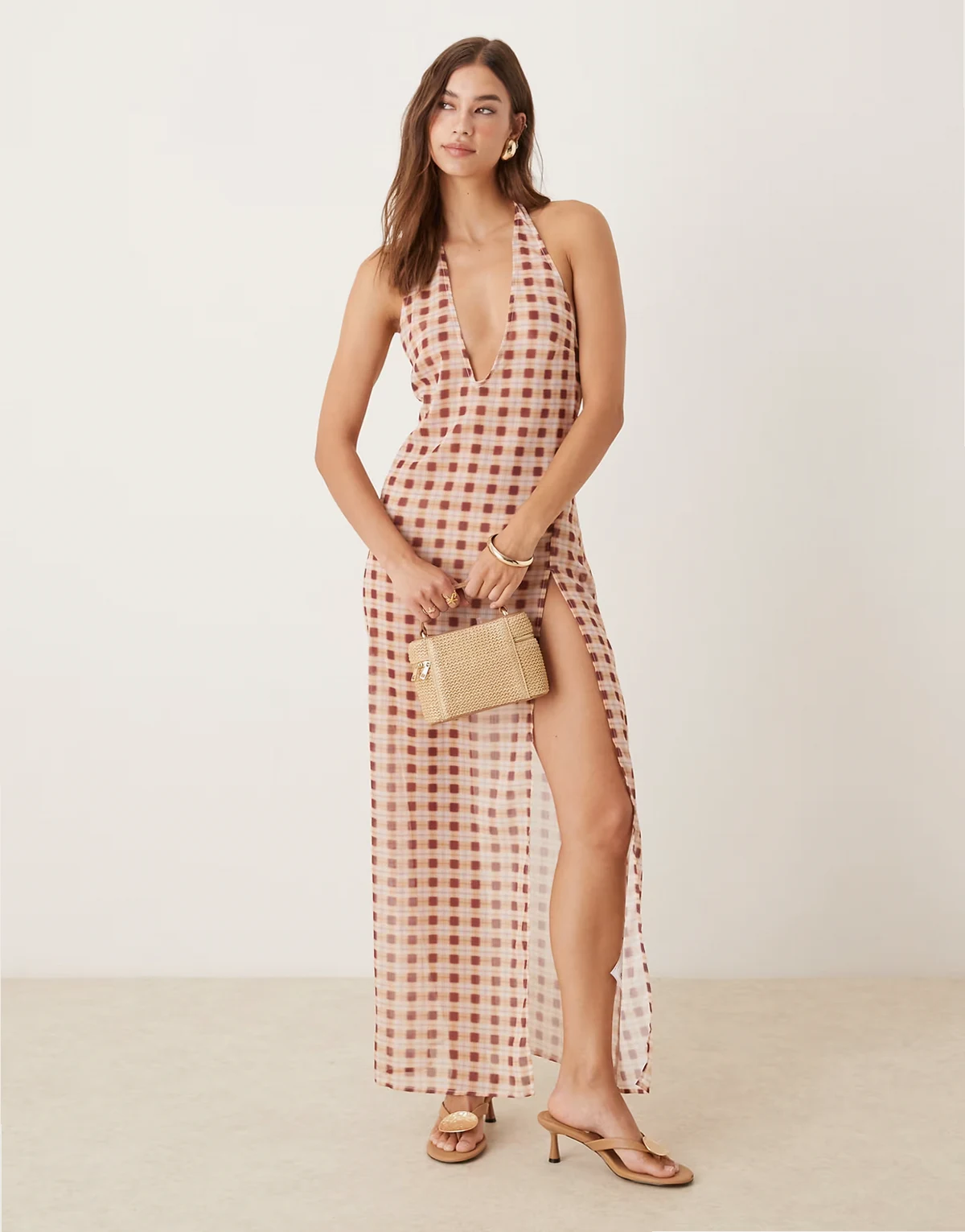 driti blurred plaid sheer maxi dress in peach