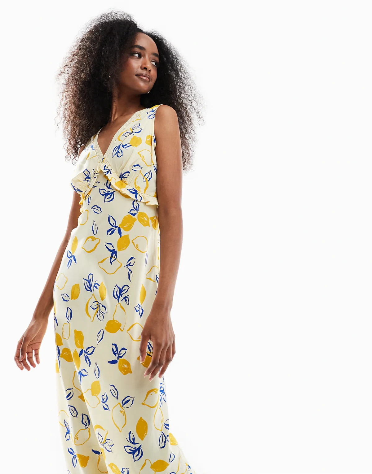 plunge front lemon print midaxi dress in yellow