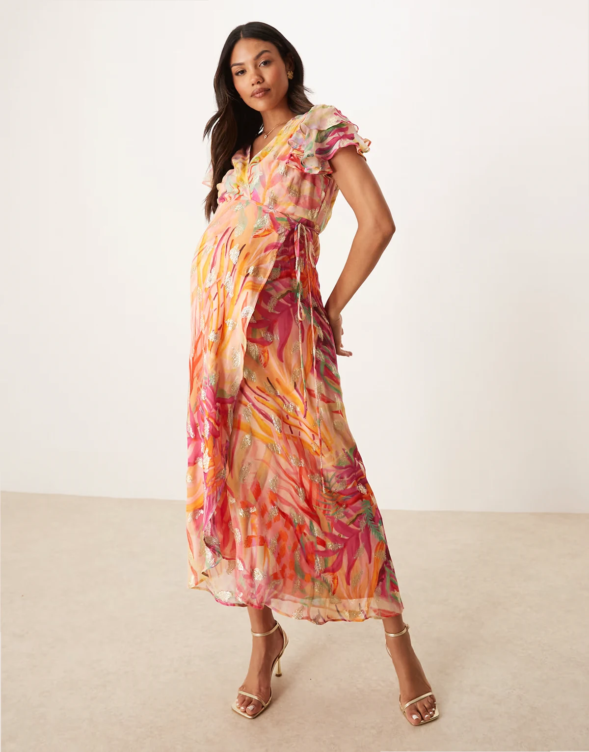 frill sleeve maxi wrap dress in coral with gold flecks