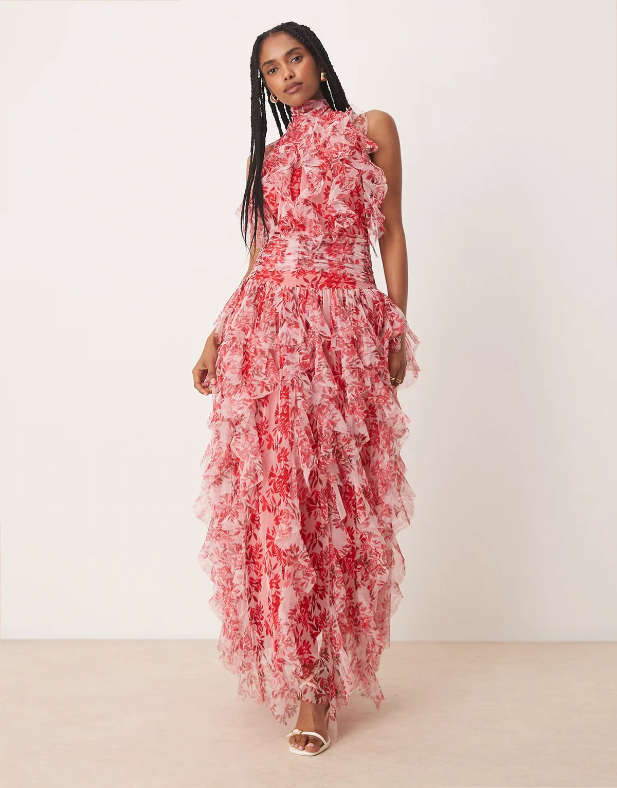 backless ruffle tulle maxi dress in red floral