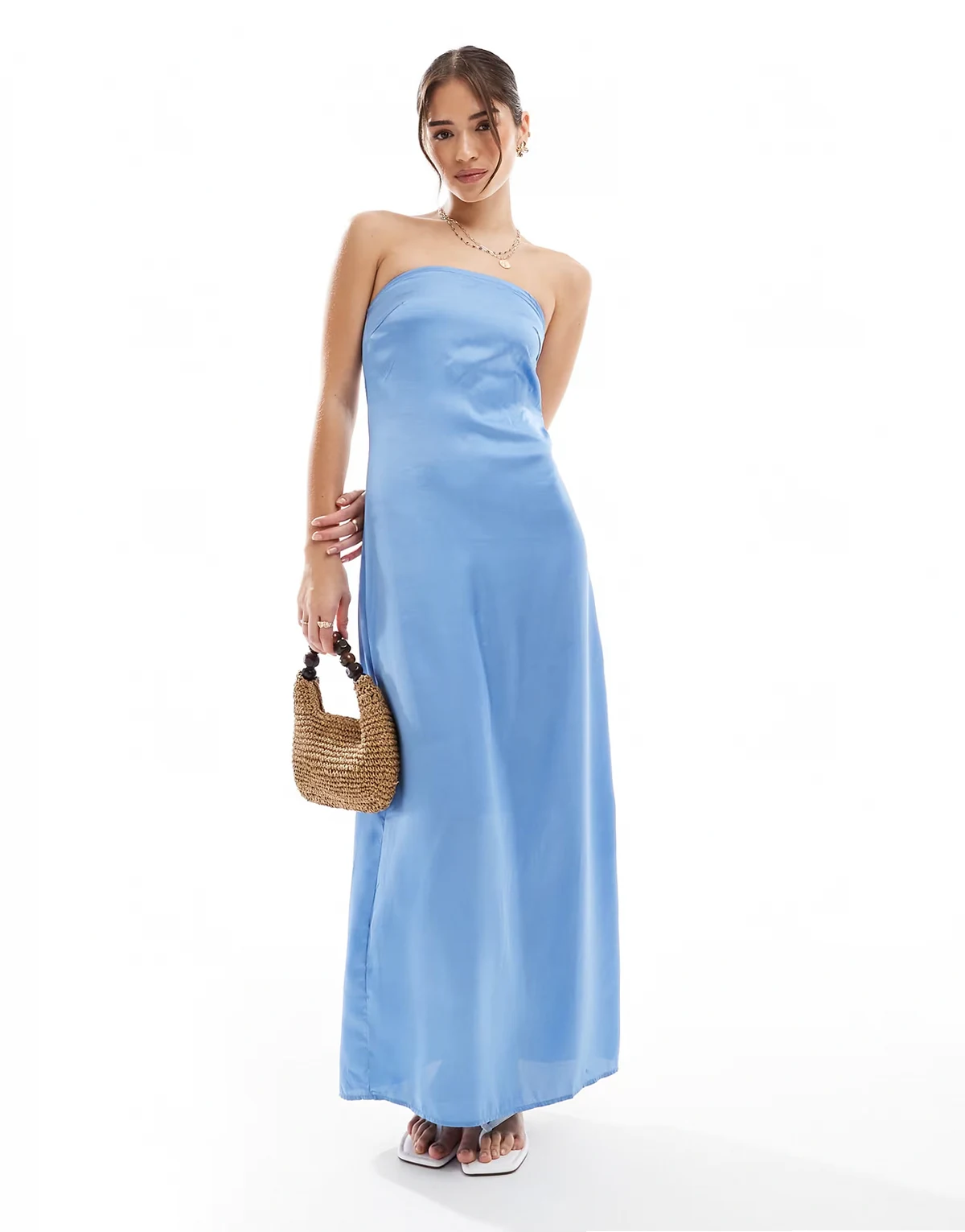 – Trägerloses Maxikleid aus Satin in Blau