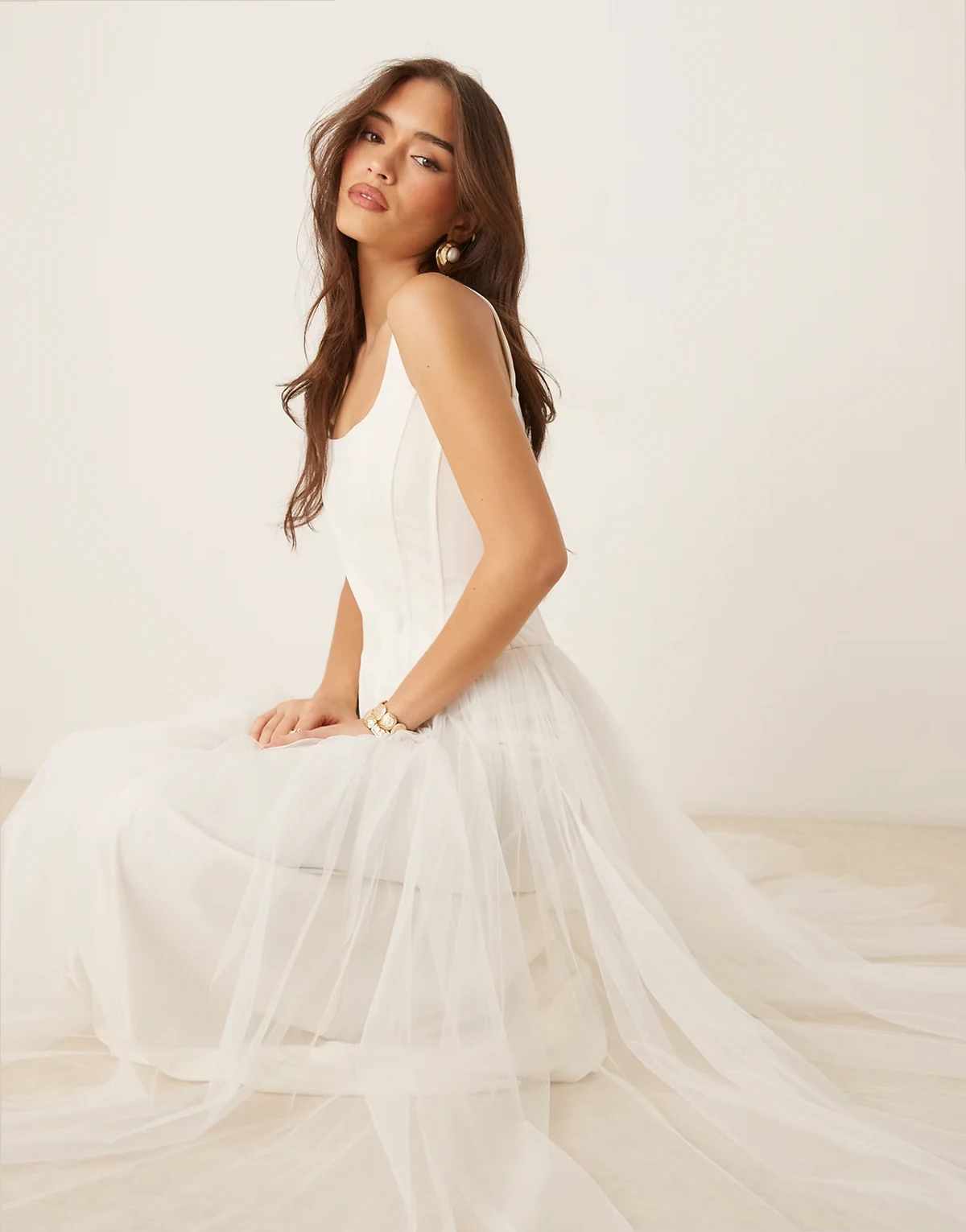 corset tulle drop hem maxi dress in ivory