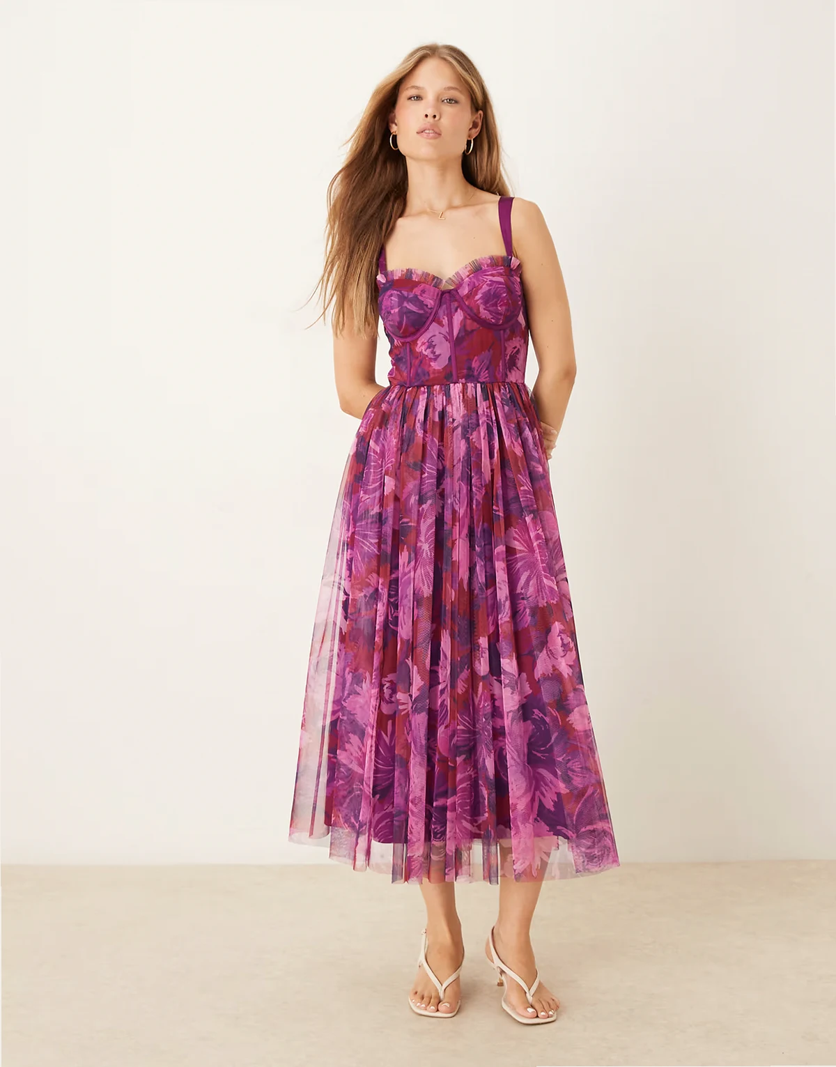 corset tulle maxi dress in bright pink blurred floral
