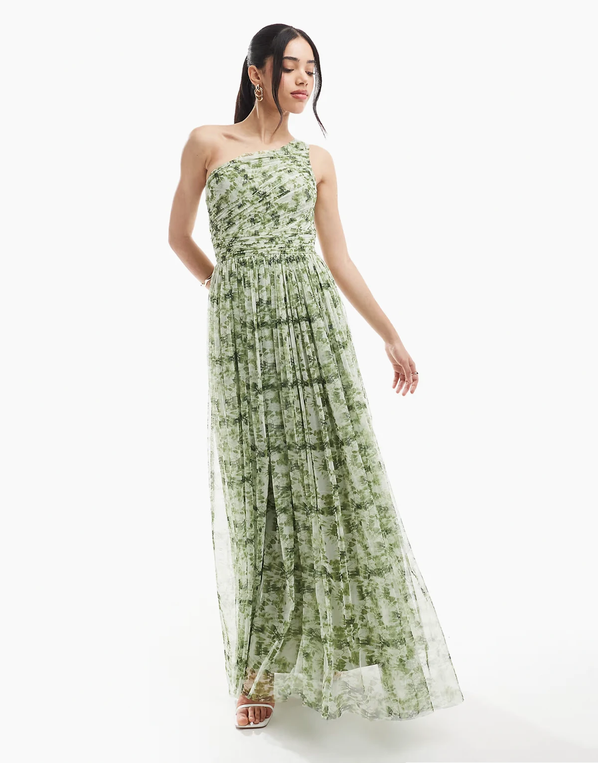 Bridesmaid one shoulder maxi dress in olive floral