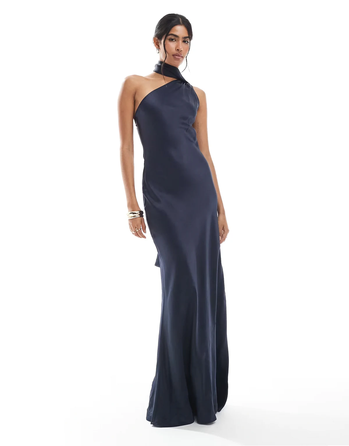 – Bridesmaid – Maxikleid in Marineblau mit One-Shoulder-Schalträger