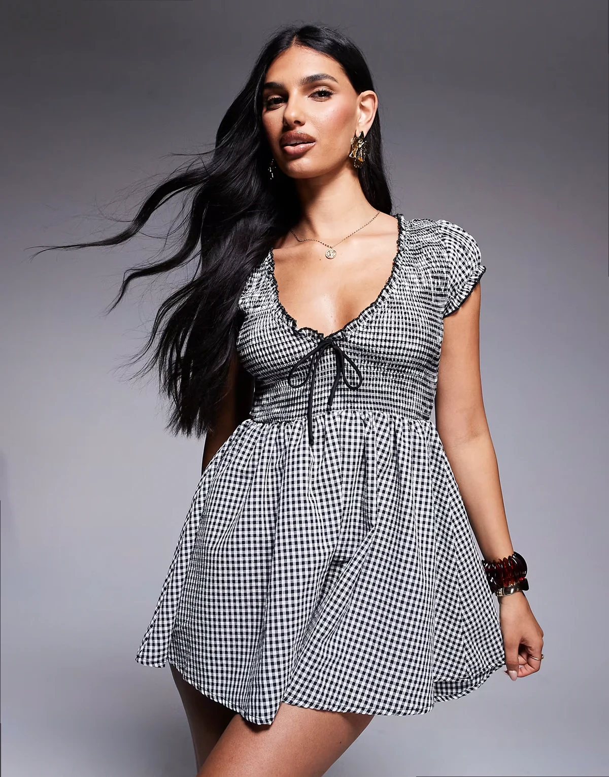 Wescott shirred detail tie front romper in black & white gingham