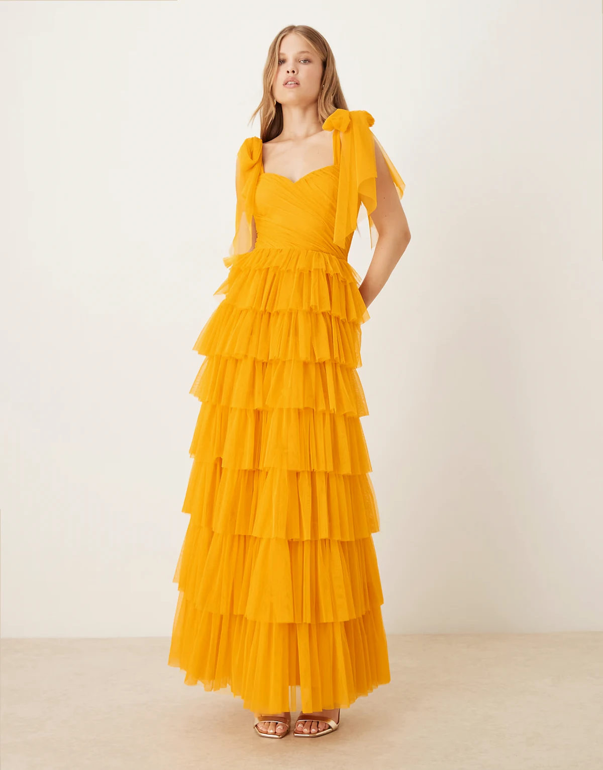 bow shoulders tulle maxi dress in butterscotch