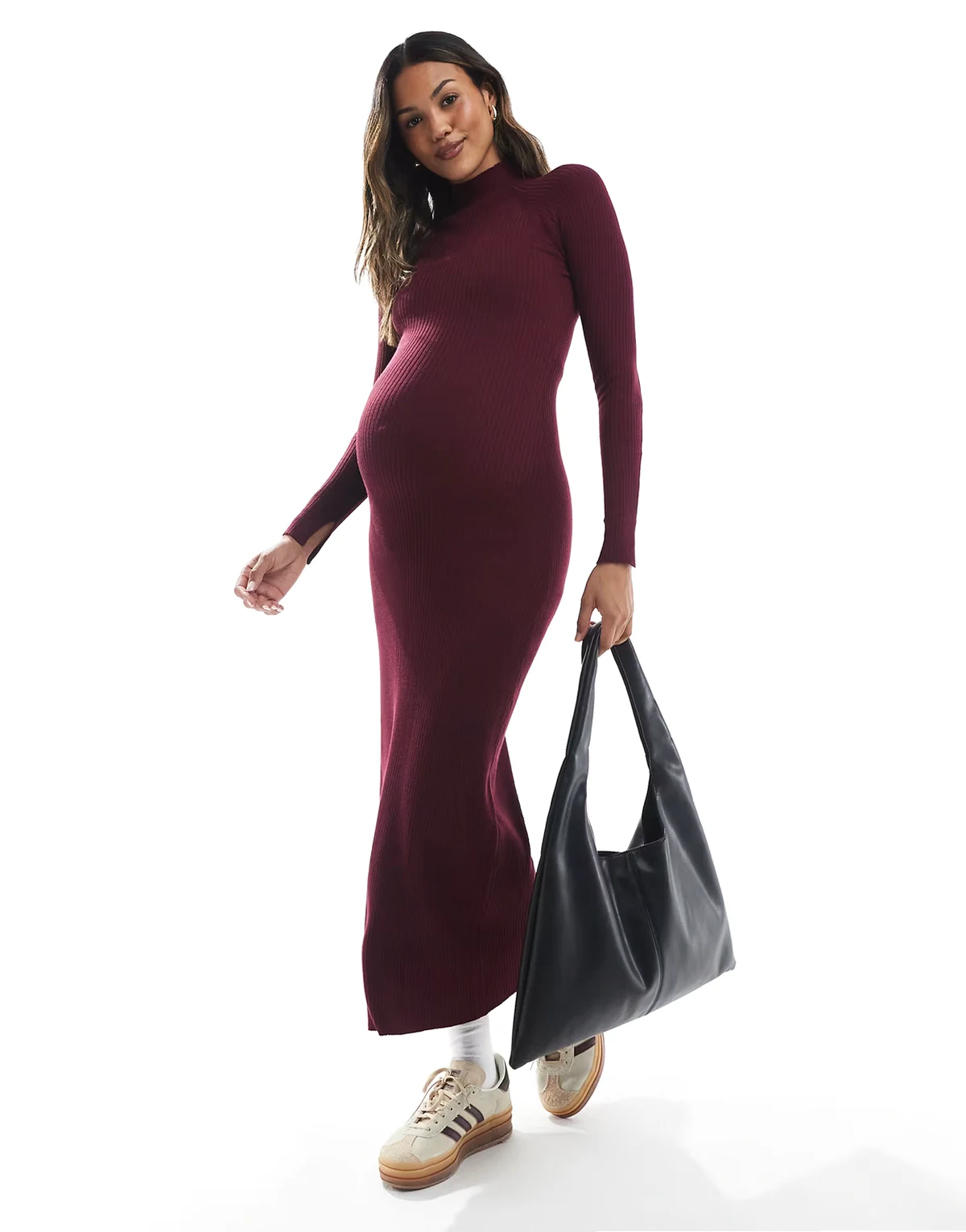 ASOS DESIGN Maternity – Bordowa sukienka maxi z prążkowanej dzianiny