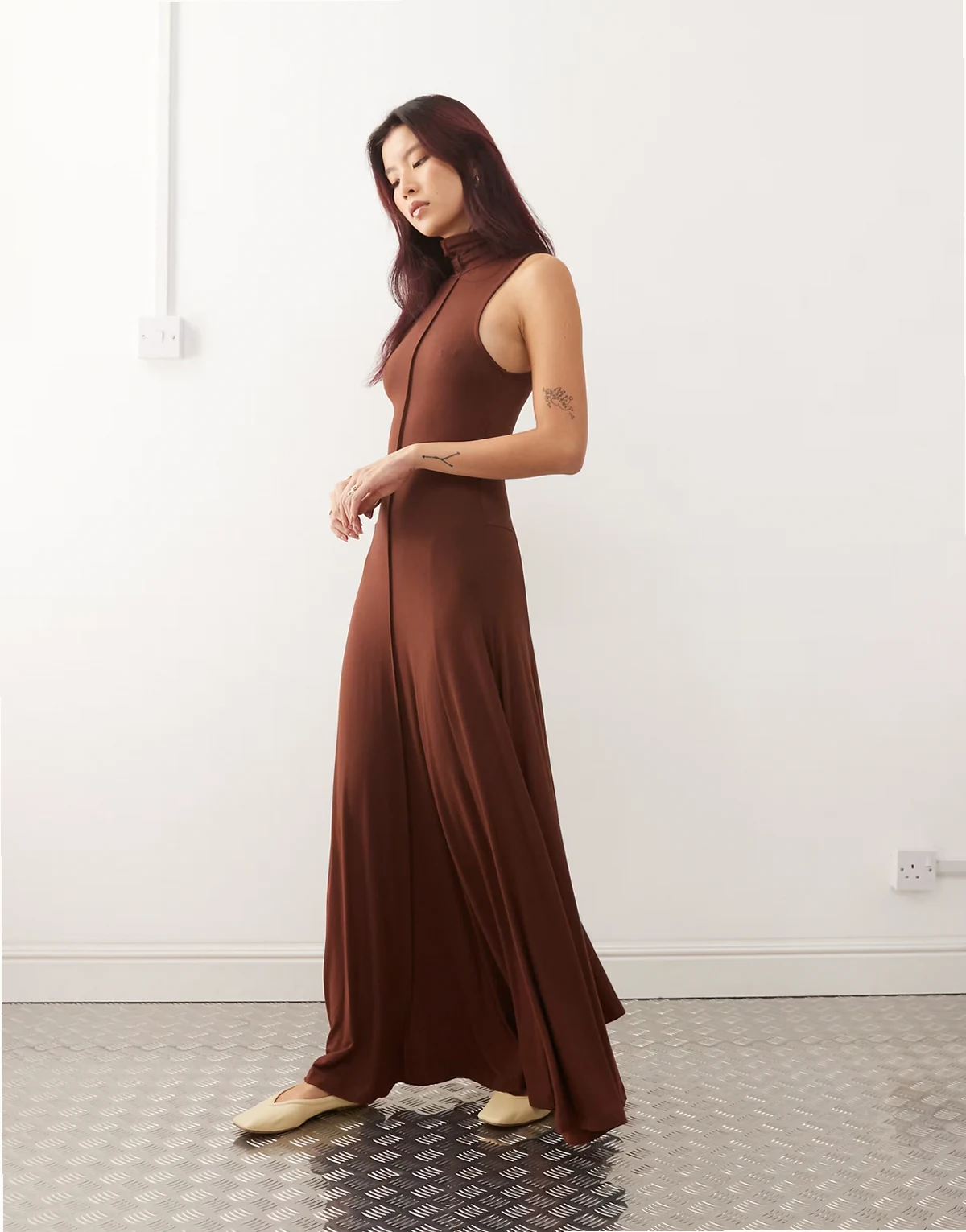 diana slinky cupro high neck maxi dress in brown