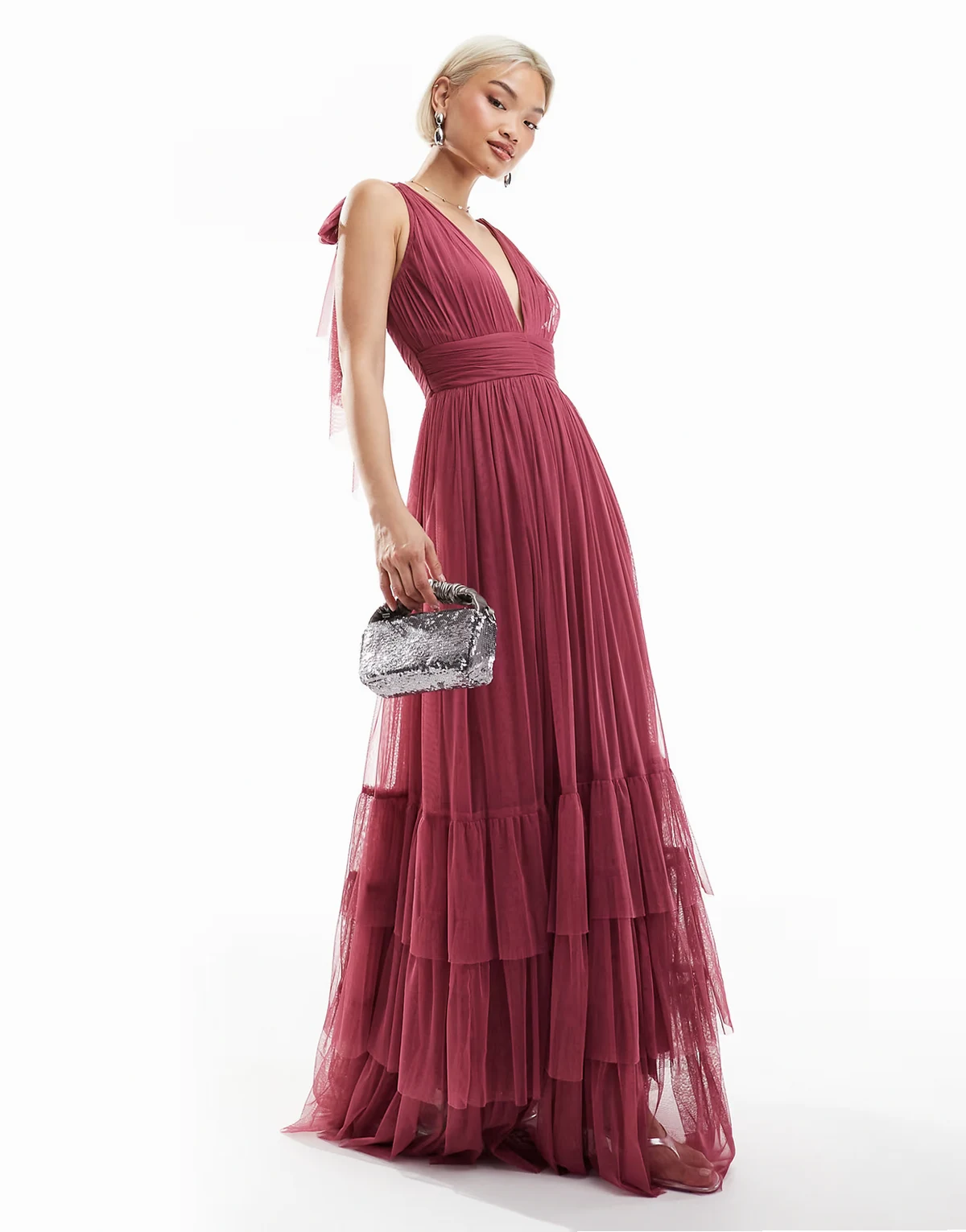 Bridesmaid Madison bow shoulder tiered maxi dress in orchid