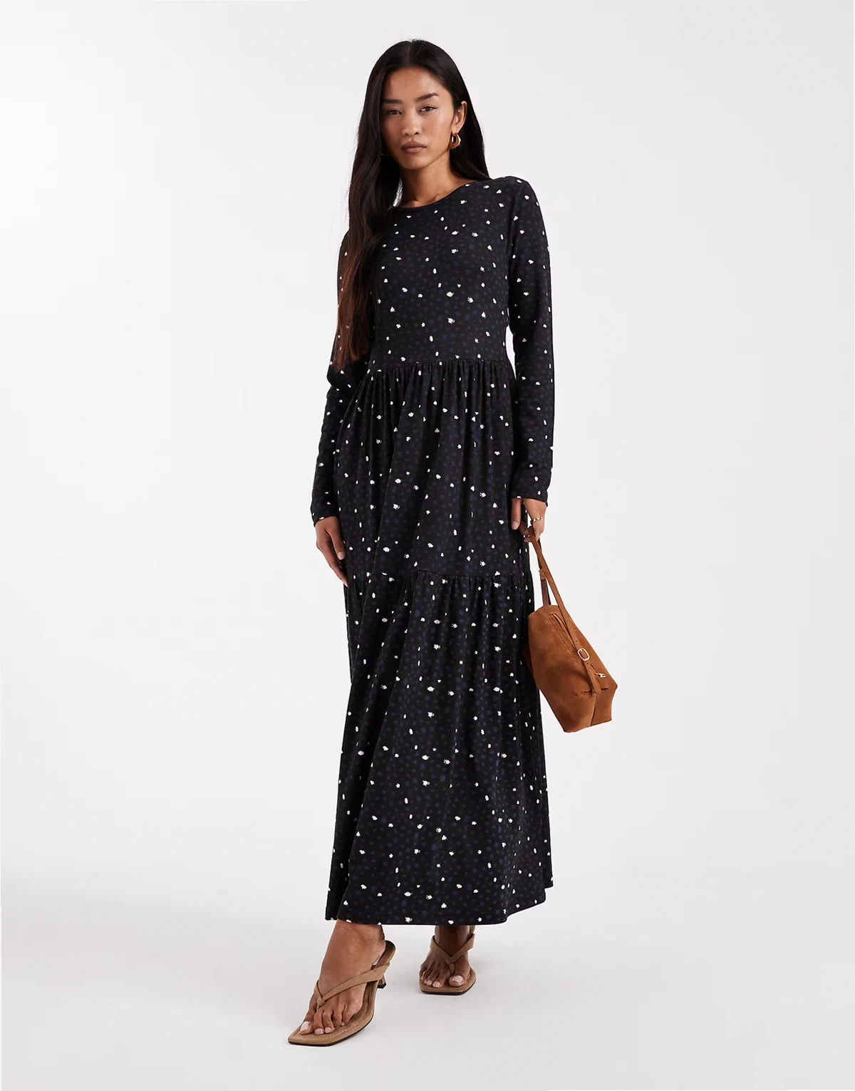 long sleeve smudged polka dots midaxi dress in navy