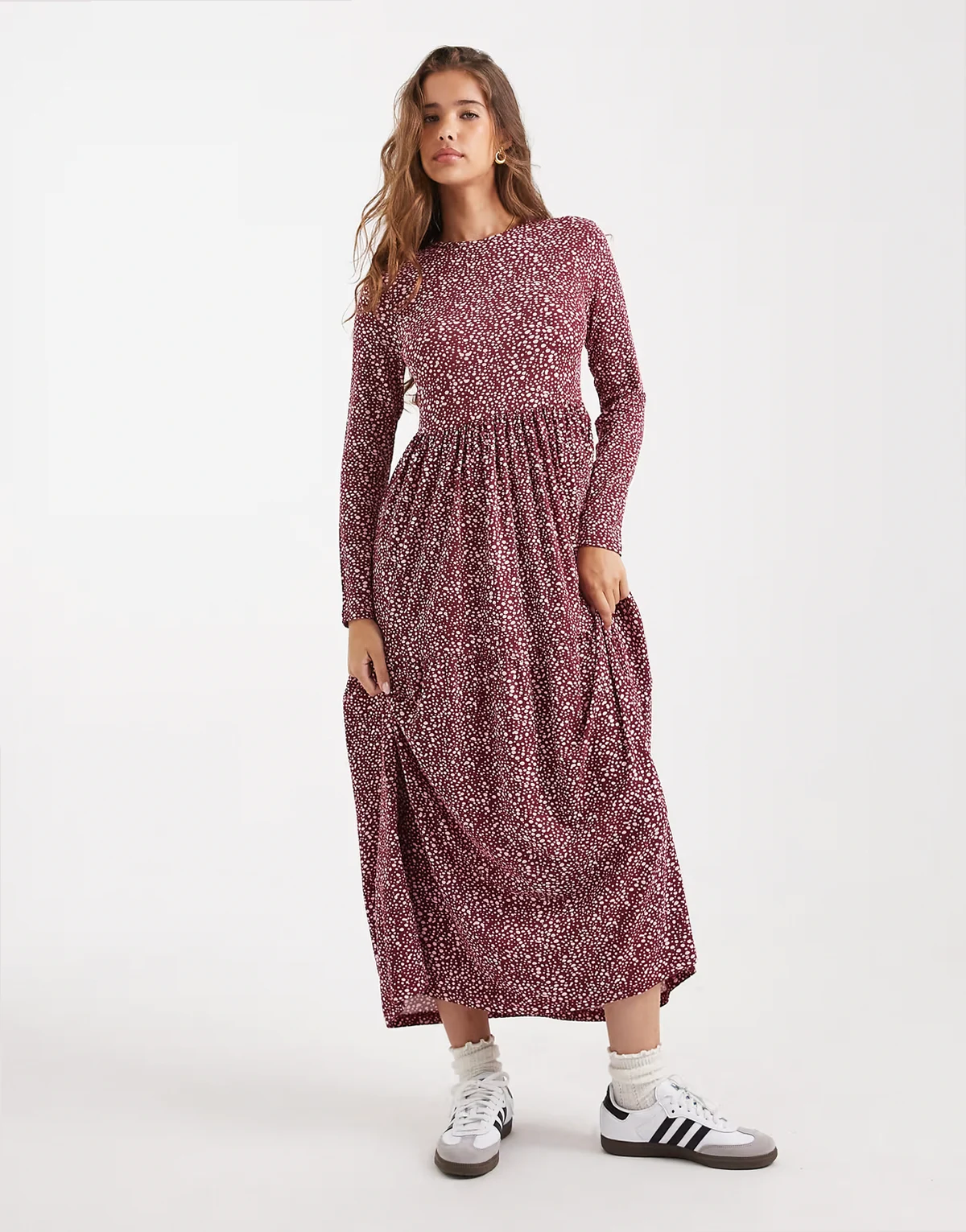 long sleeve smudge polka dots midaxi dress in burgundy