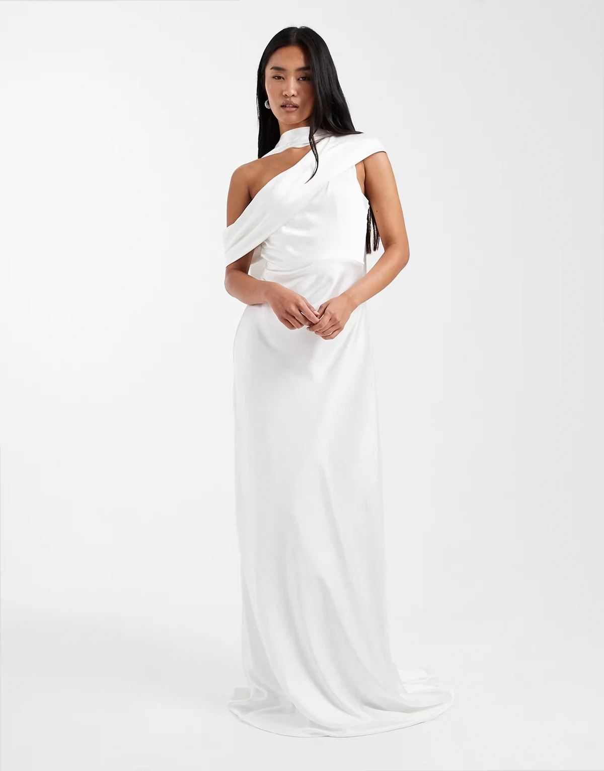 Bridal satin one shoulder maxi dress in white