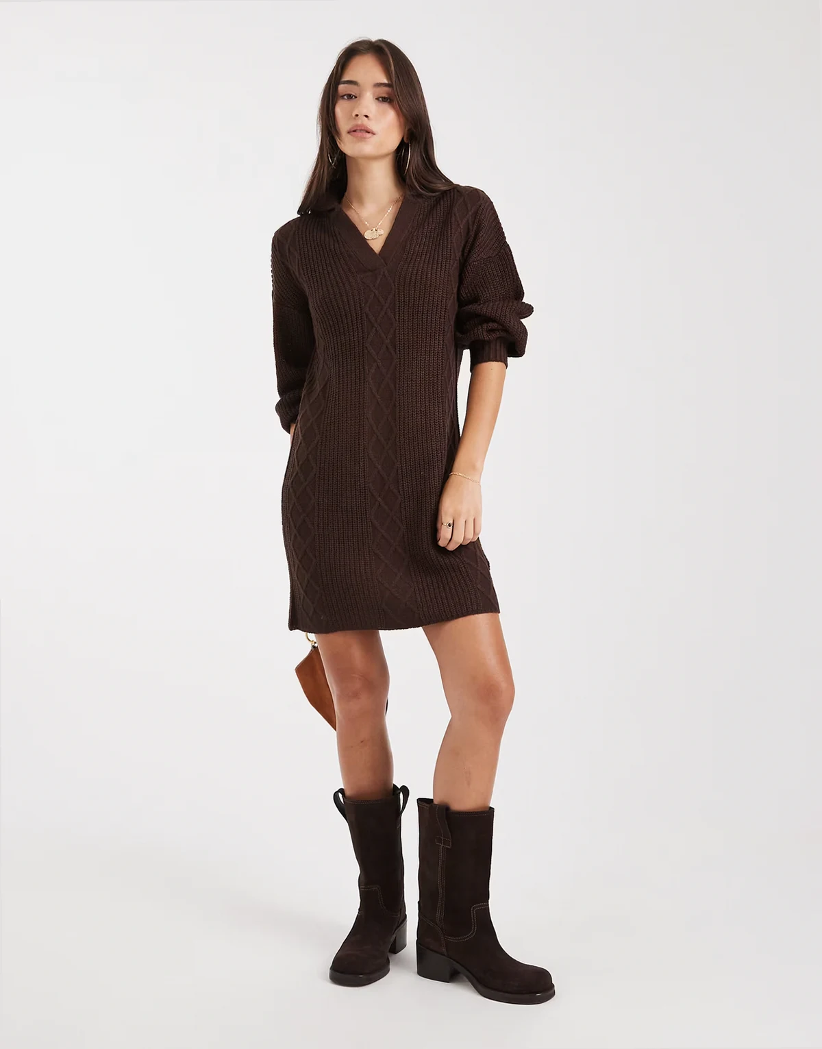 v-neck collared sweater dress in dark brown