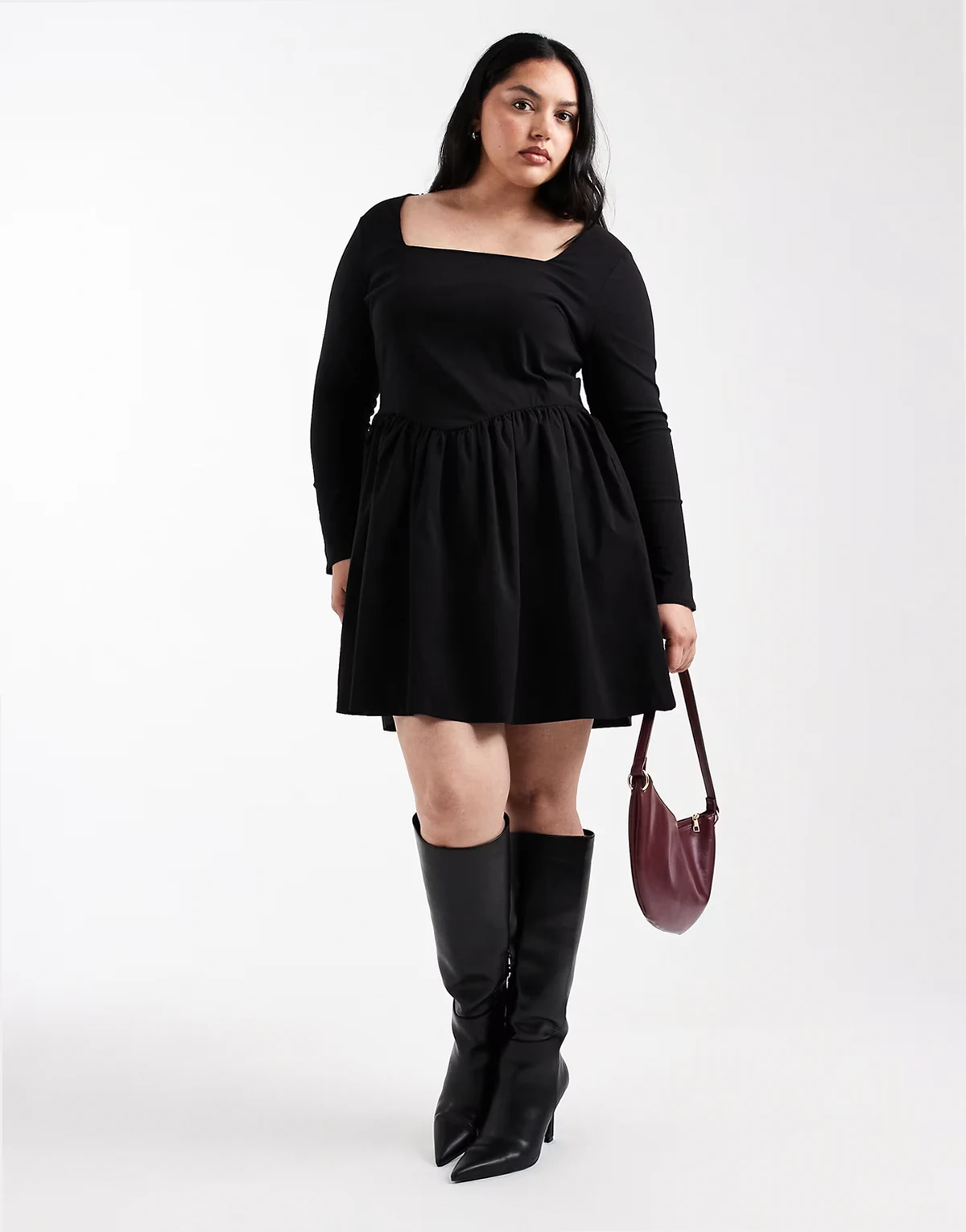 corset detail long sleeve mini dress in black