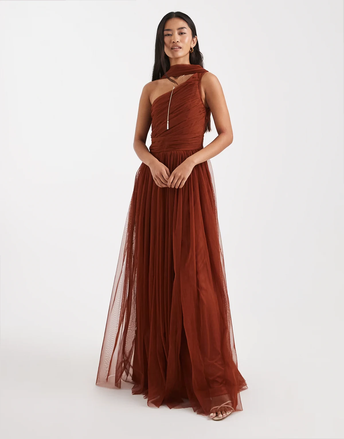 Bridesmaid one shoulder scarf neck maxi dress in rust