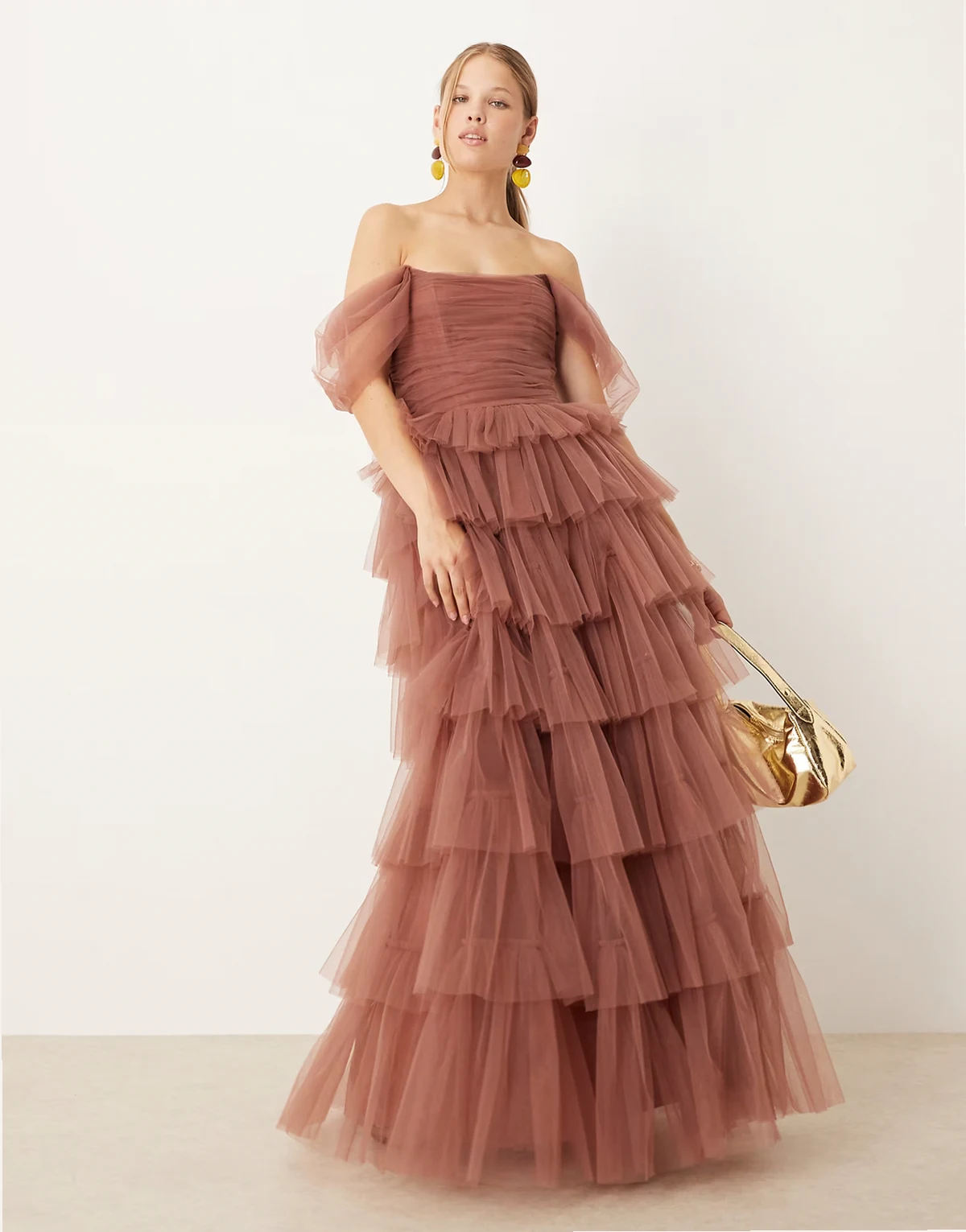 off shoulder tiered maxi dress in rose brown