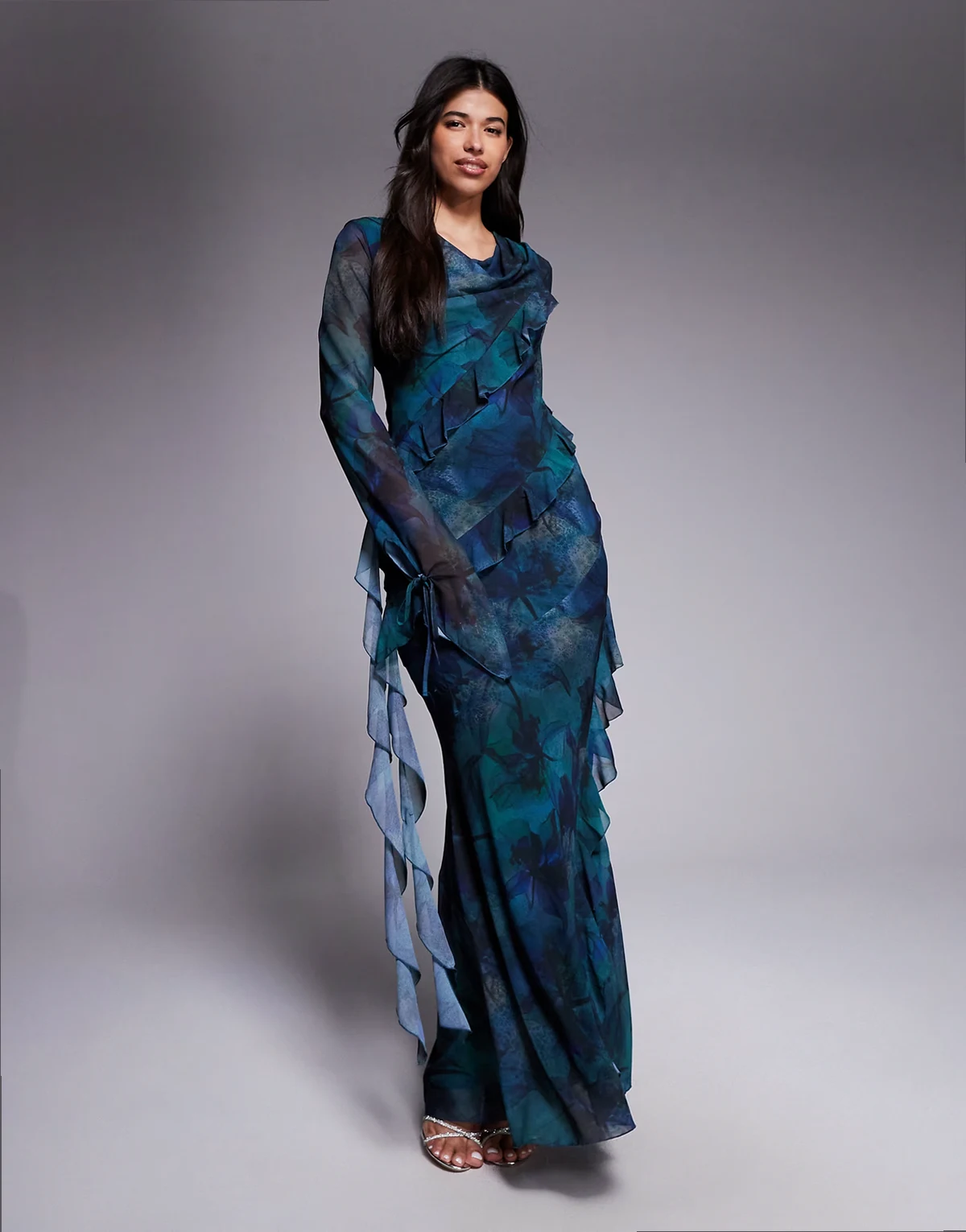 chiffon ruffle maxi dress in dark floral