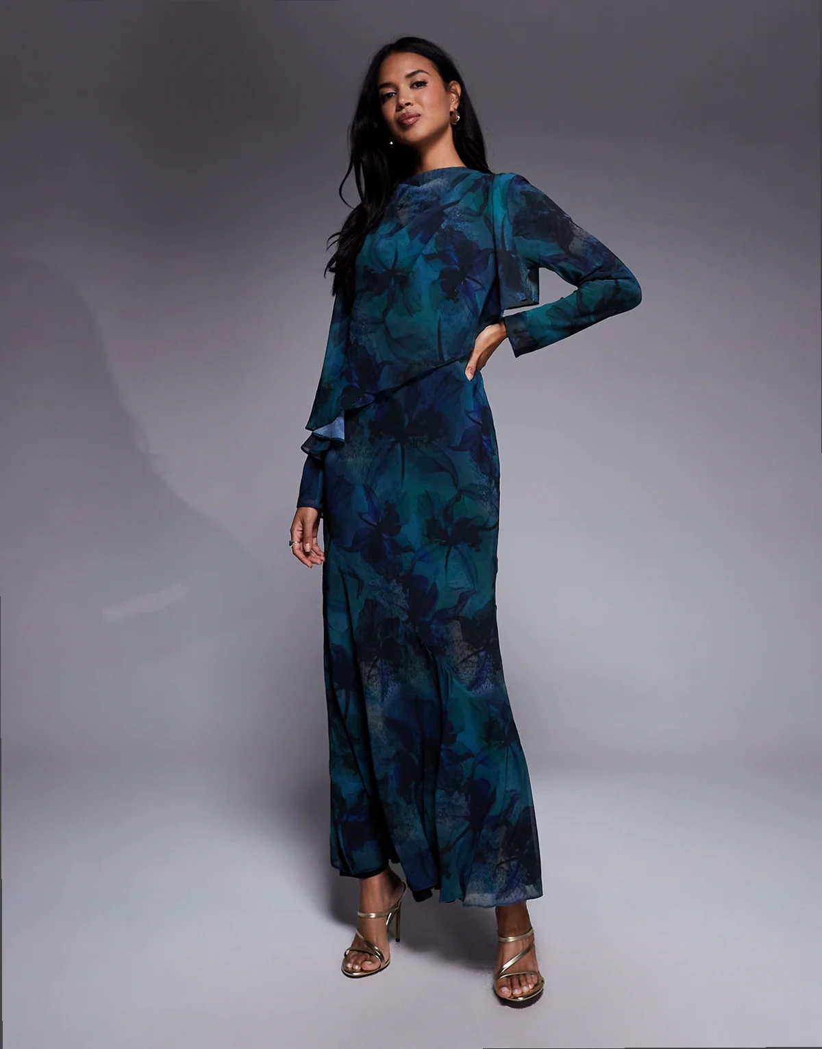 ruffle cape maxi dress in deep blue abstract print