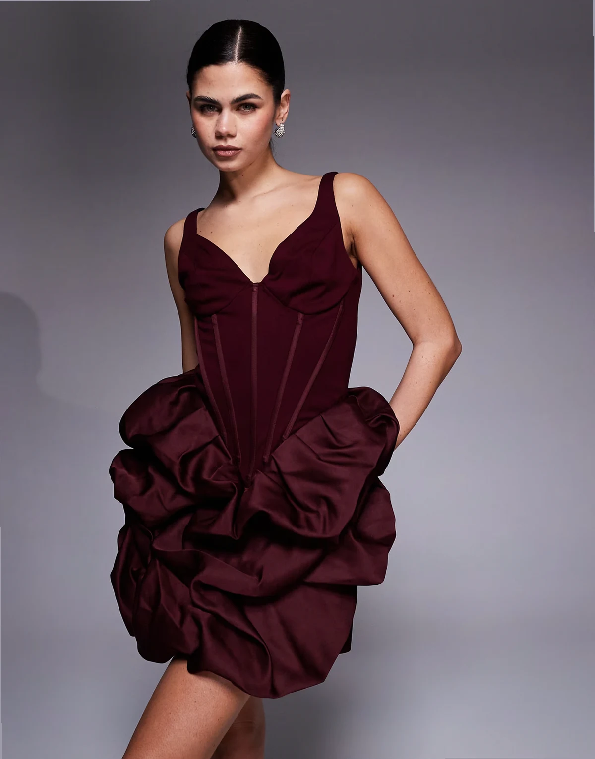 corseted ruffle hem mini dress in dark red
