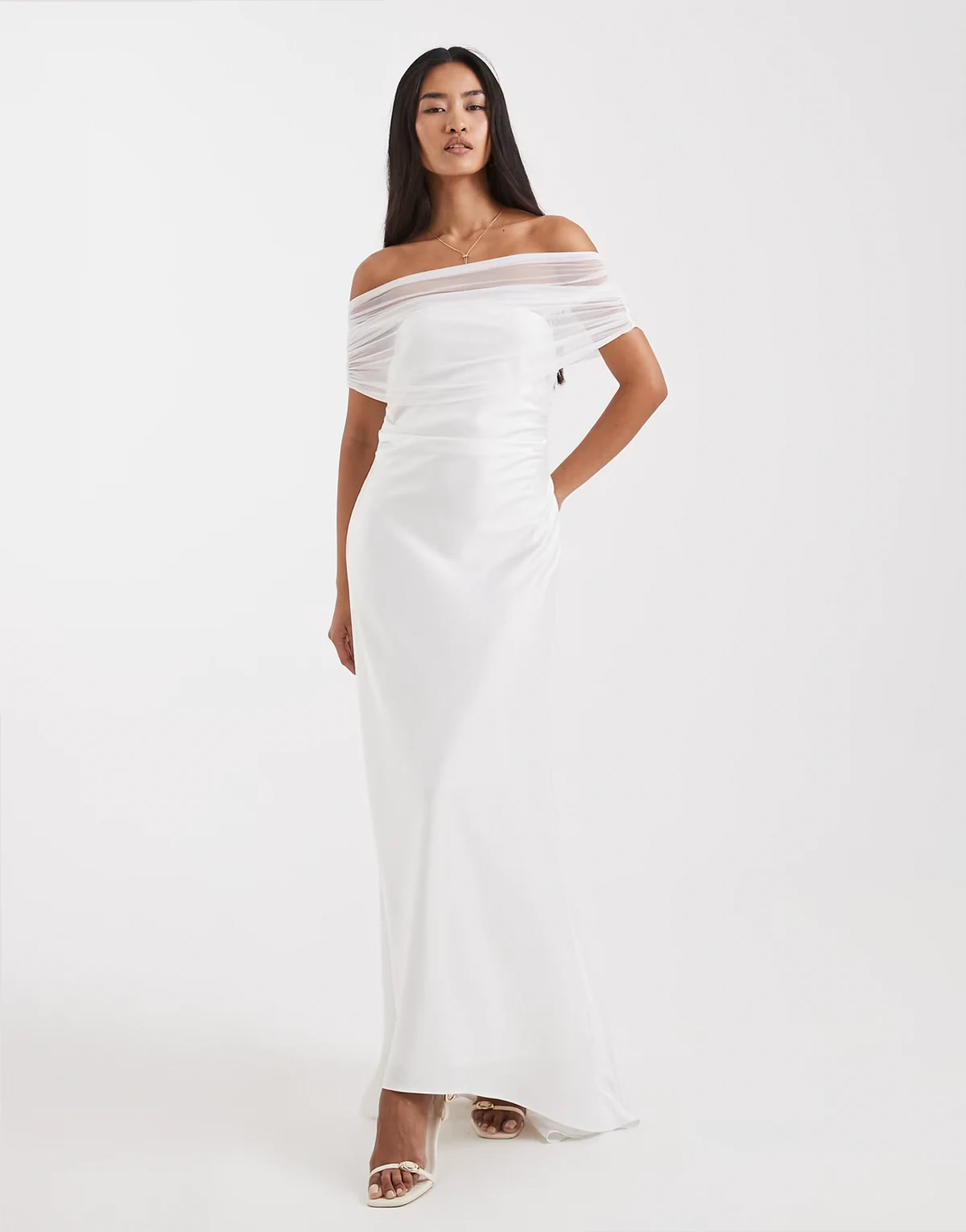 Bridal off the shoulder mesh high low hem maxi dress in white